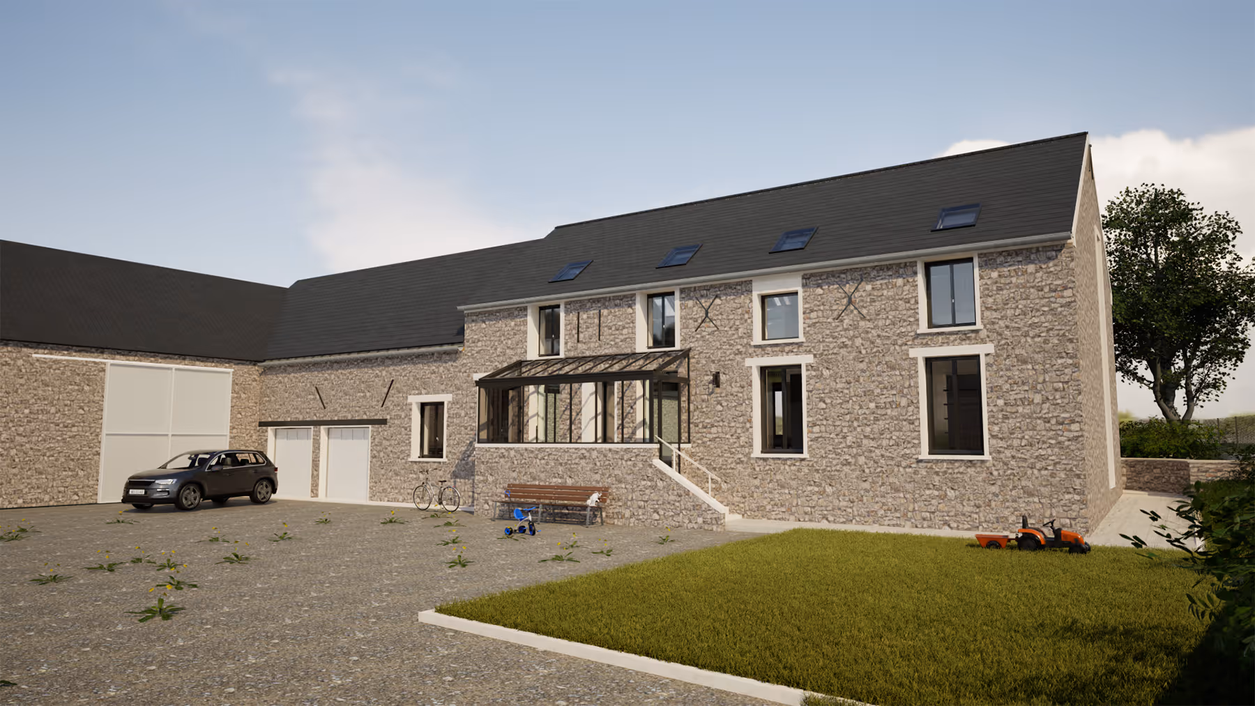 Rendu 3D de la façade principale avec véranda et garage, Le Trapeau, SINA Architecture