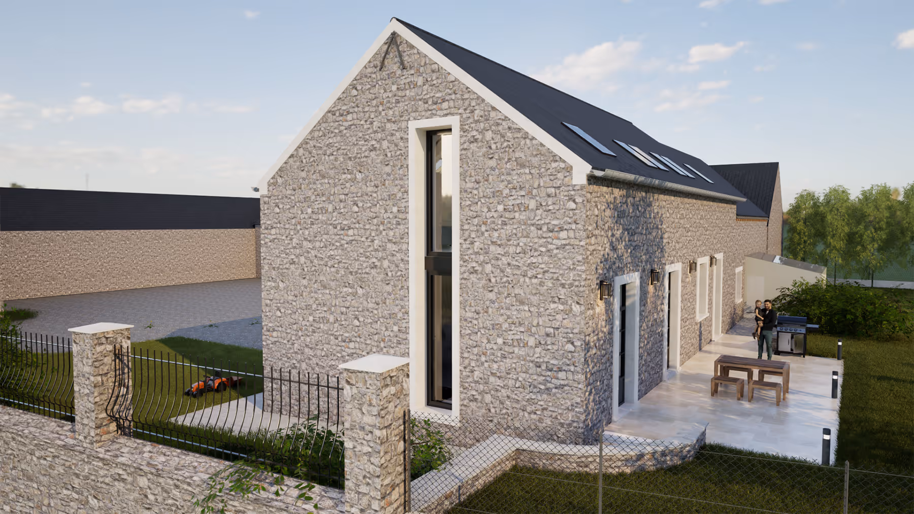 Rendu 3D de la façade latérale avec fenêtre filante et terrasse, Le Trapeau, SINA Architecture