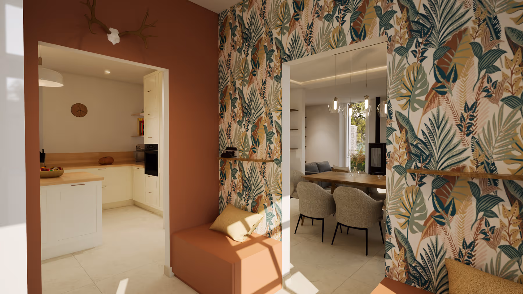 Rendu 3D de l'entrée avec papier peint tropical et vue sur la cuisine et le séjour, Le Trapeau, SINA Architecture