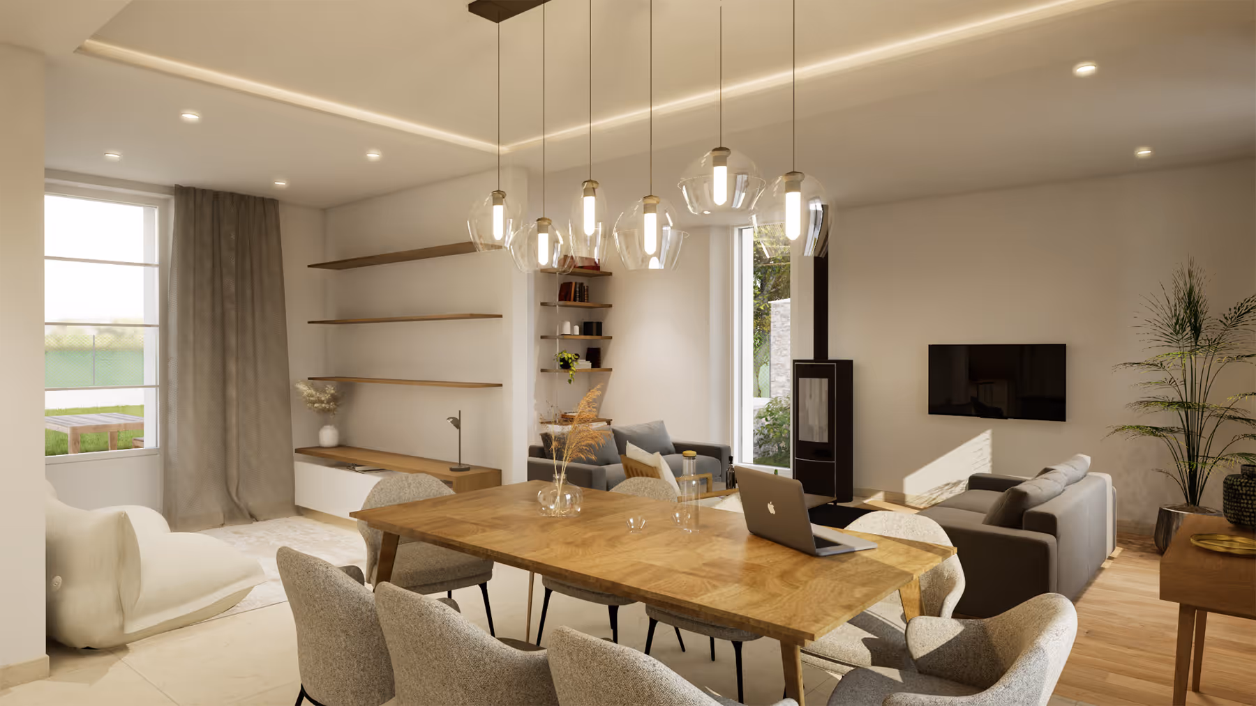 Rendu 3D du séjour salle à manger avec plafond lumineux et étagères bois, Le Trapeau, SINA Architecture
