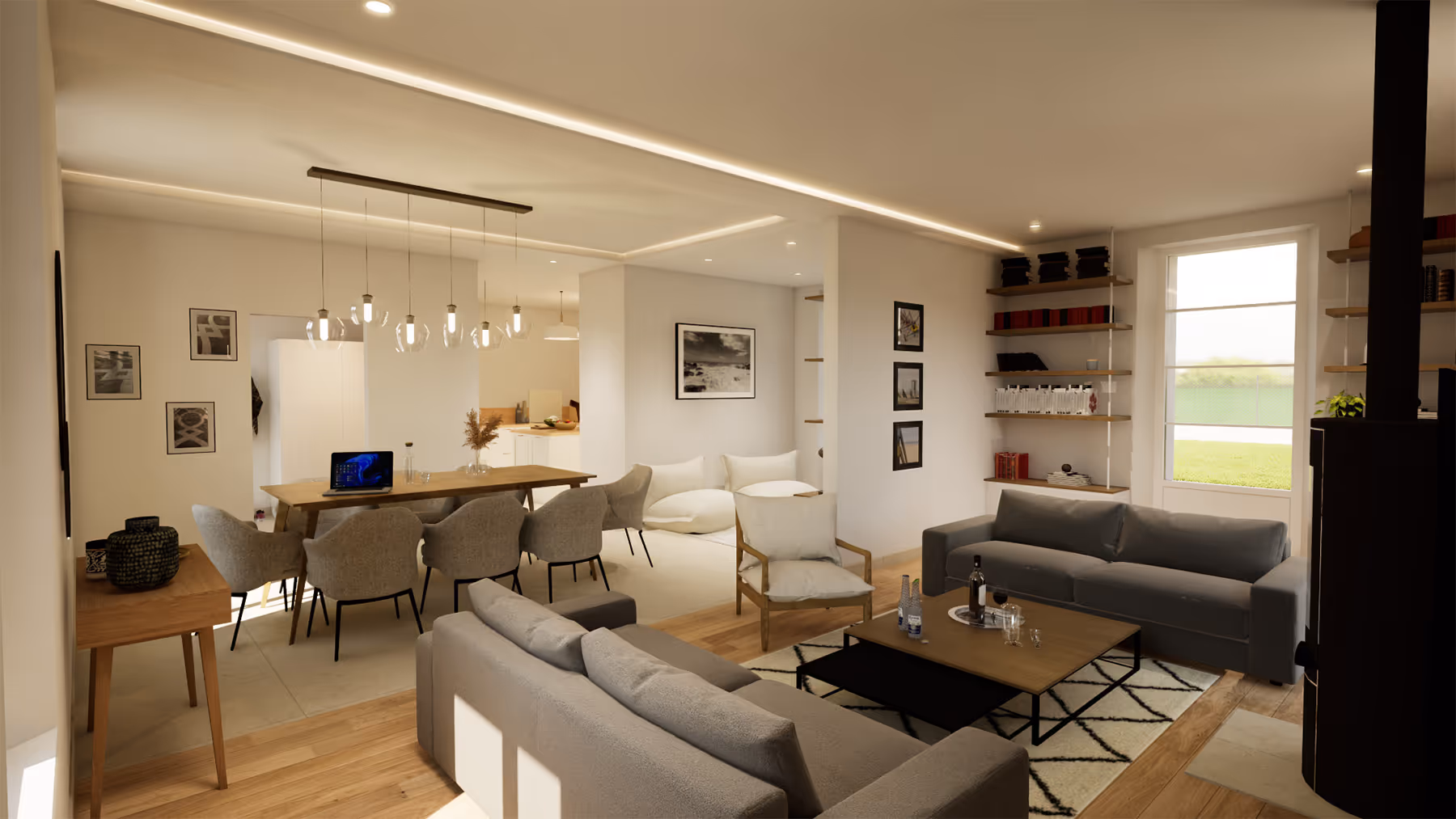Rendu 3D du grand séjour ouvert avec salon, salle à manger et vue sur la cuisine, Le Trapeau, SINA Architecture