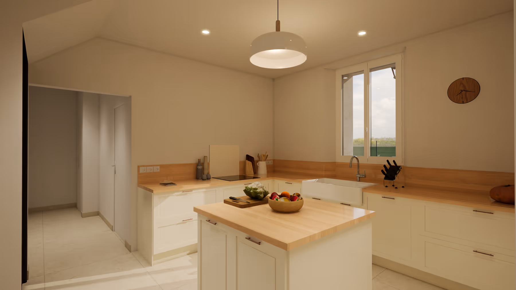 Rendu 3D de la cuisine avec îlot central et plan de travail bois, Le Trapeau, SINA Architecture