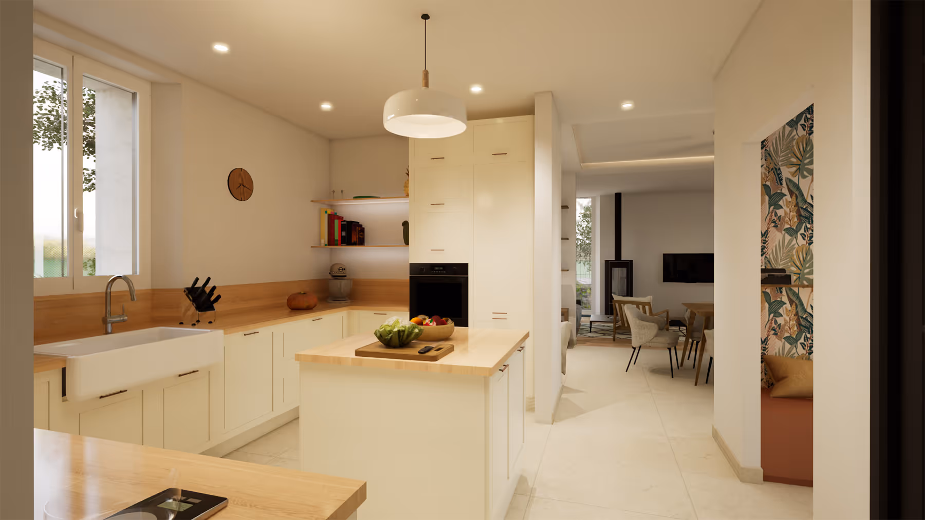 Rendu 3D de la cuisine ouverte avec vue sur le séjour et l'entrée, Le Trapeau, SINA Architecture
