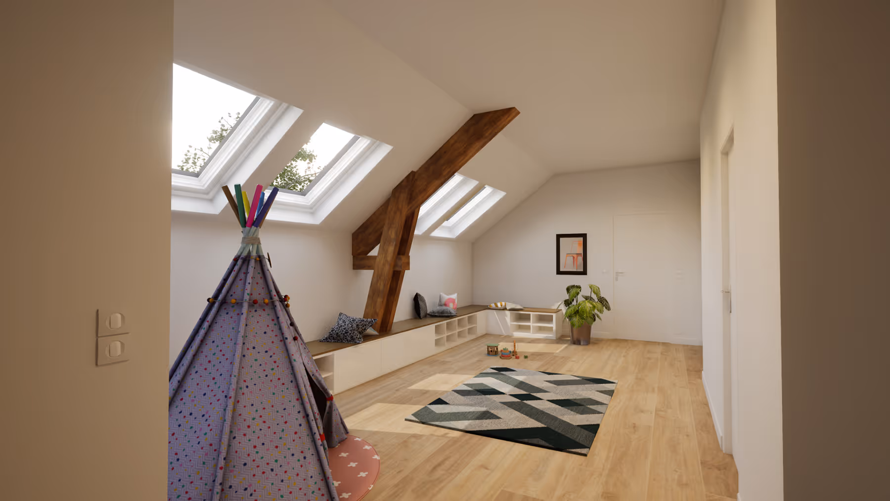Rendu 3D de la salle de jeux sous combles avec charpente apparente et velux, Le Trapeau, SINA Architecture