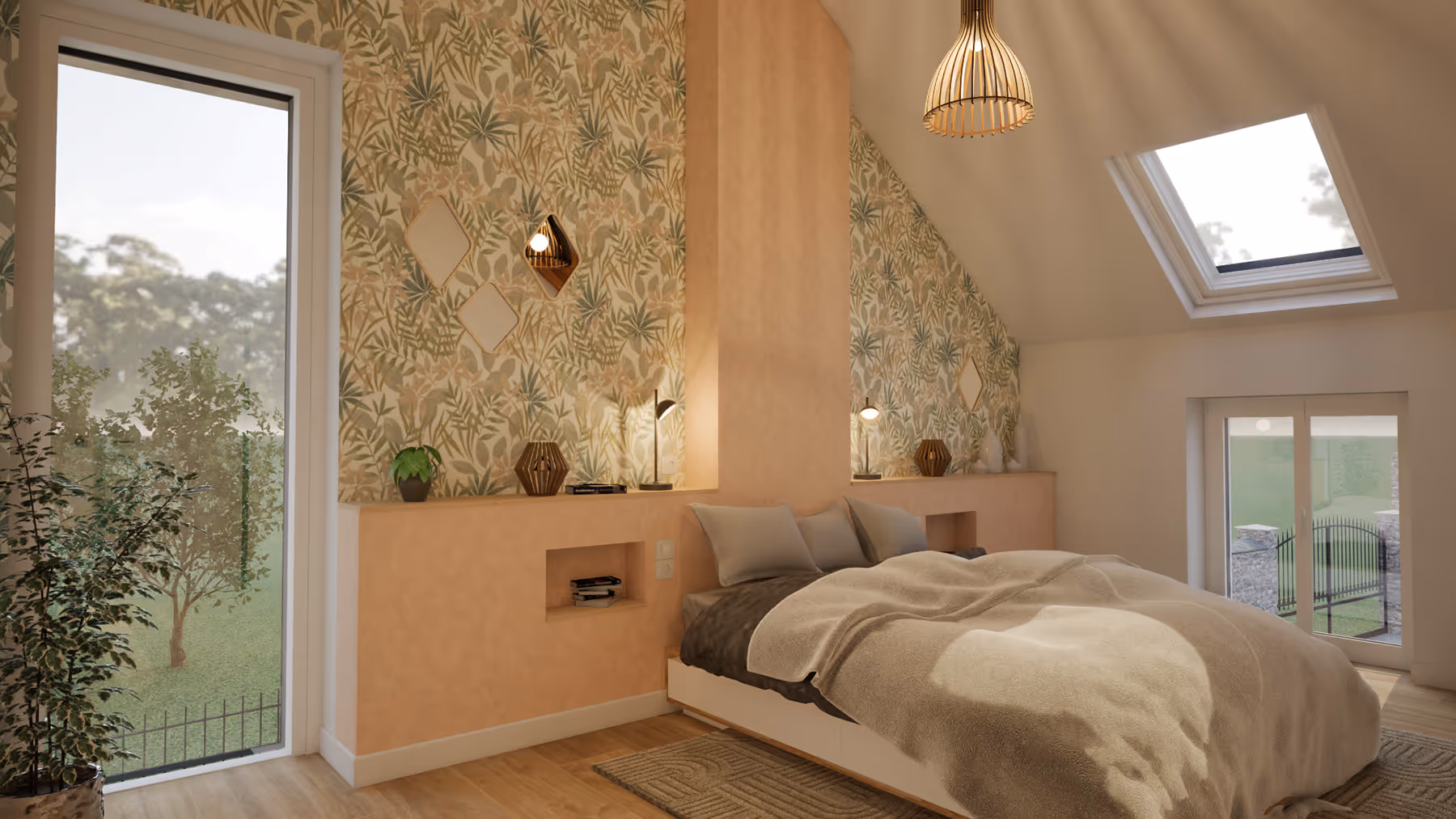 Rendu 3D de la chambre parentale sous combles avec papier peint et velux, Le Trapeau, SINA Architecture