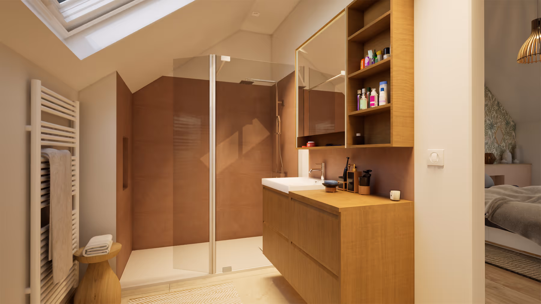 Rendu 3D de la salle de douche avec carrelage terracotta et meuble bois, Le Trapeau, SINA Architecture
