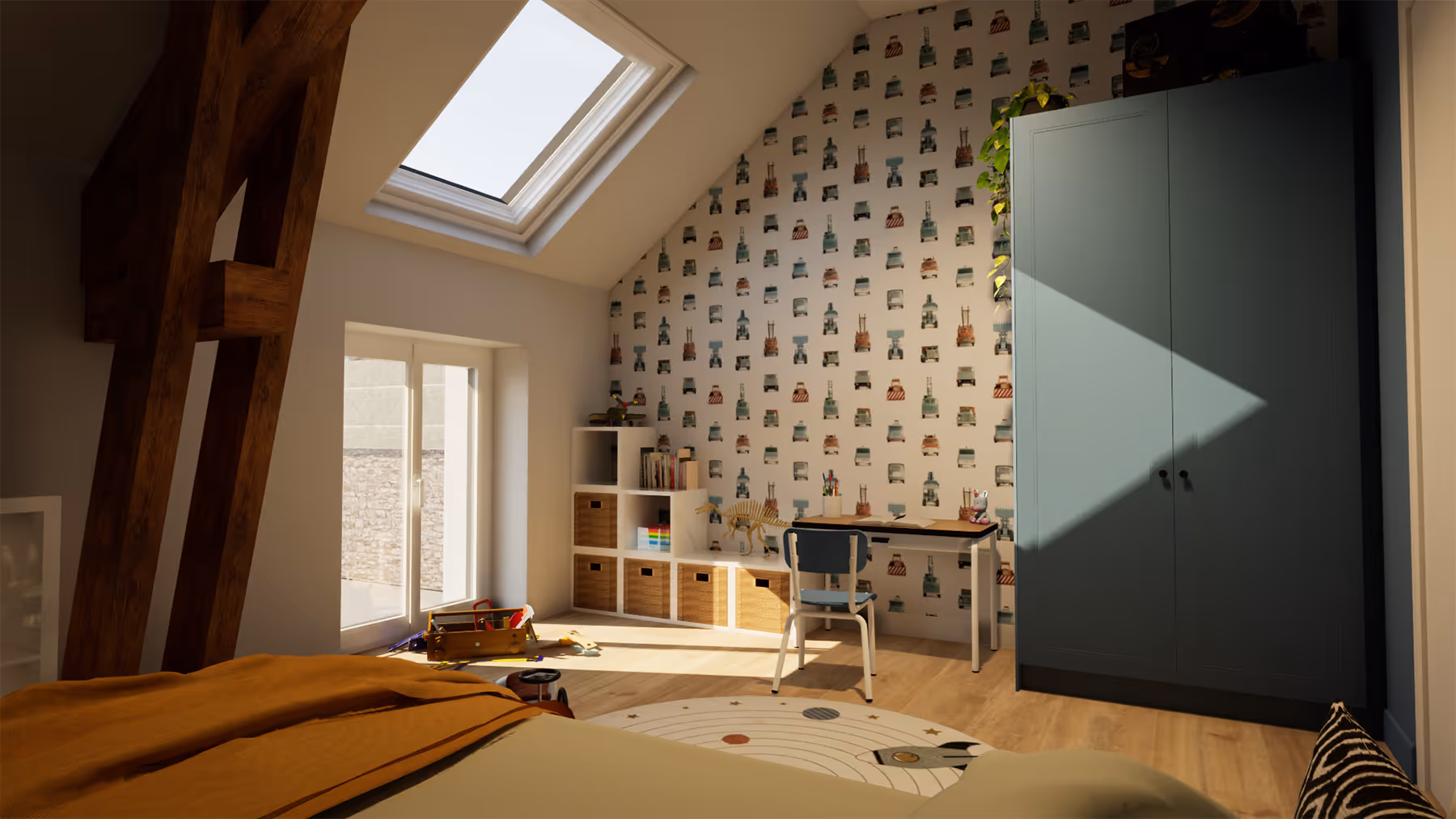 Rendu 3D d'une chambre enfant sous combles avec charpente apparente et papier peint voitures, Le Trapeau, SINA Architecture