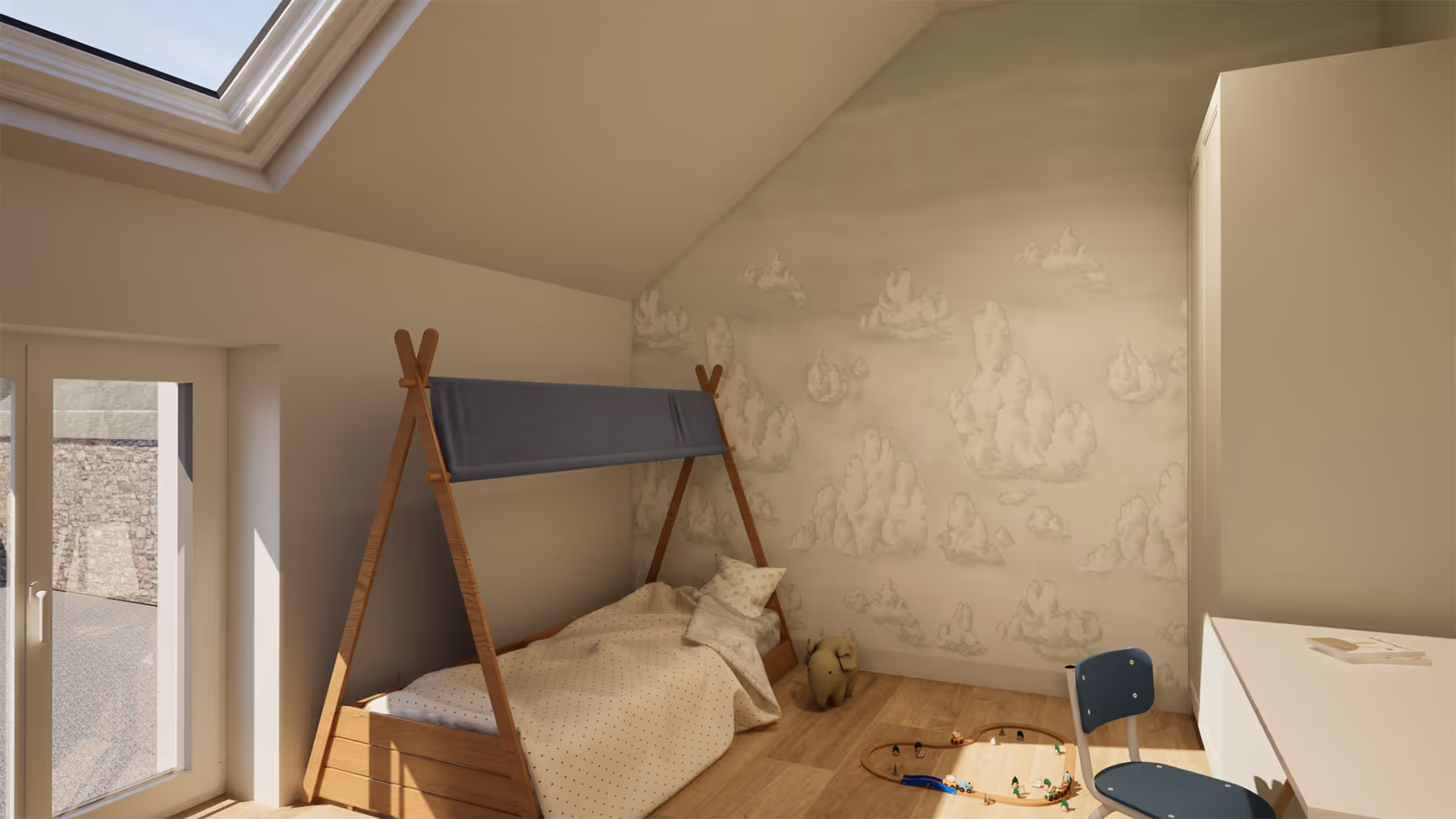 Rendu 3D d'une chambre enfant sous combles avec lit tipi et papier peint nuages, Le Trapeau, SINA Architecture
