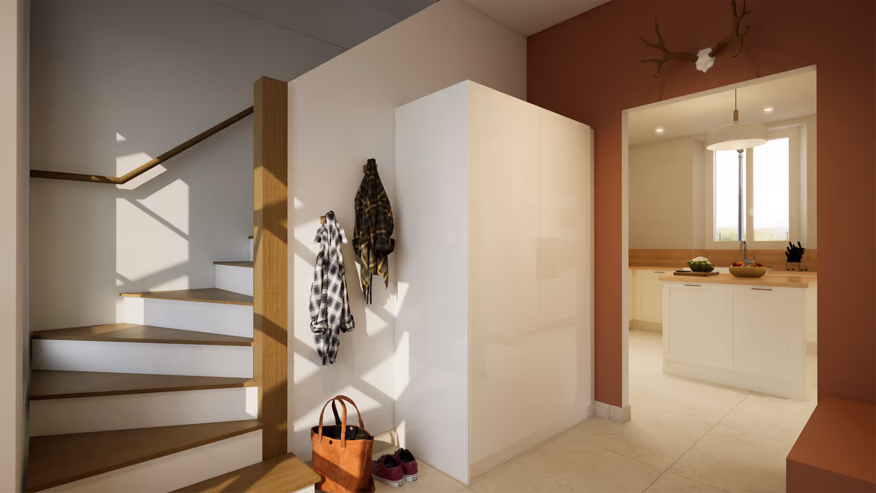 Rendu 3D de l'entrée avec escalier bois et vue sur la cuisine, Le Trapeau, SINA Architecture