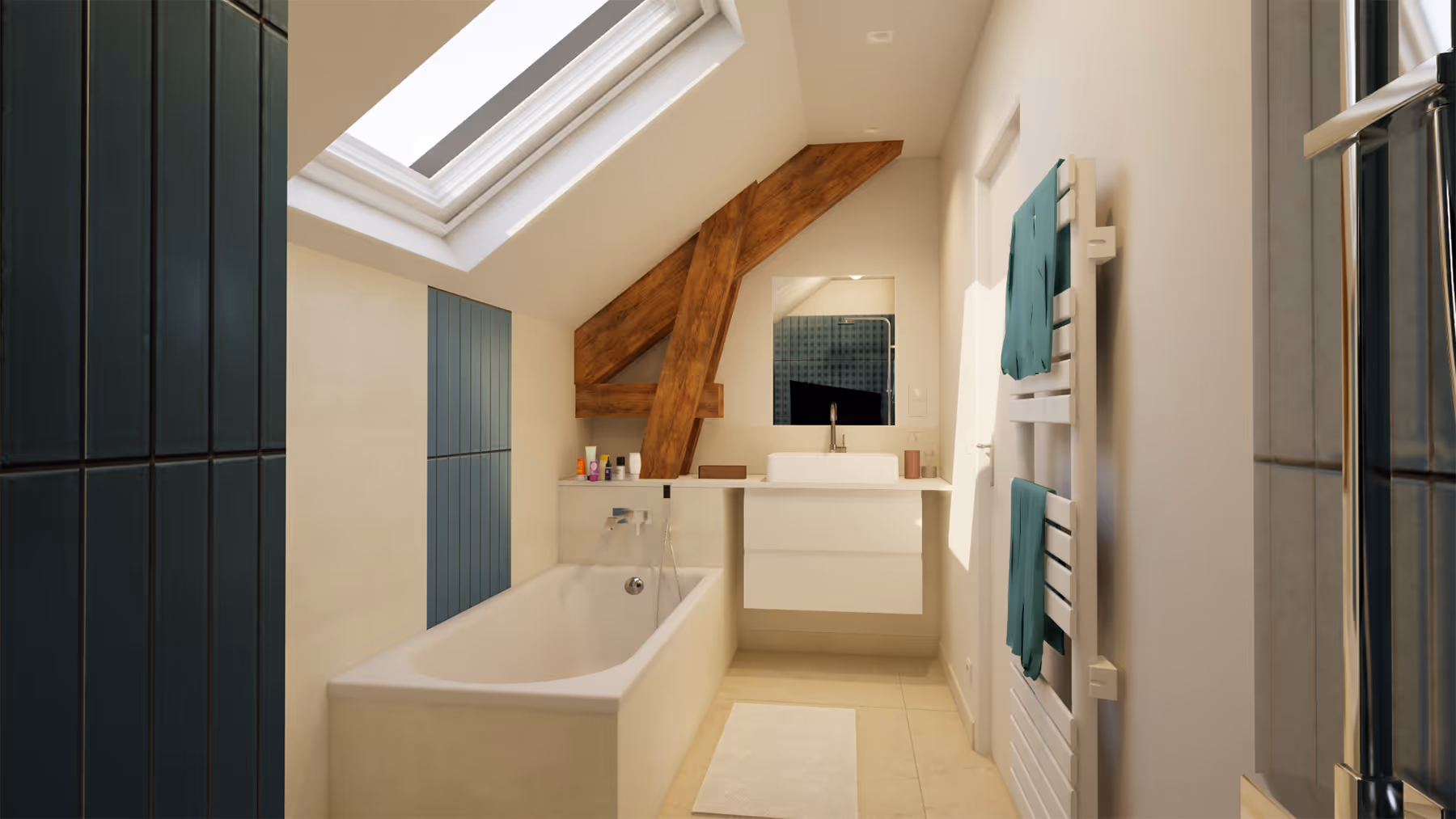 Rendu 3D de la salle de bain sous combles avec baignoire, charpente apparente et carrelage vert, Le Trapeau, SINA Architecture