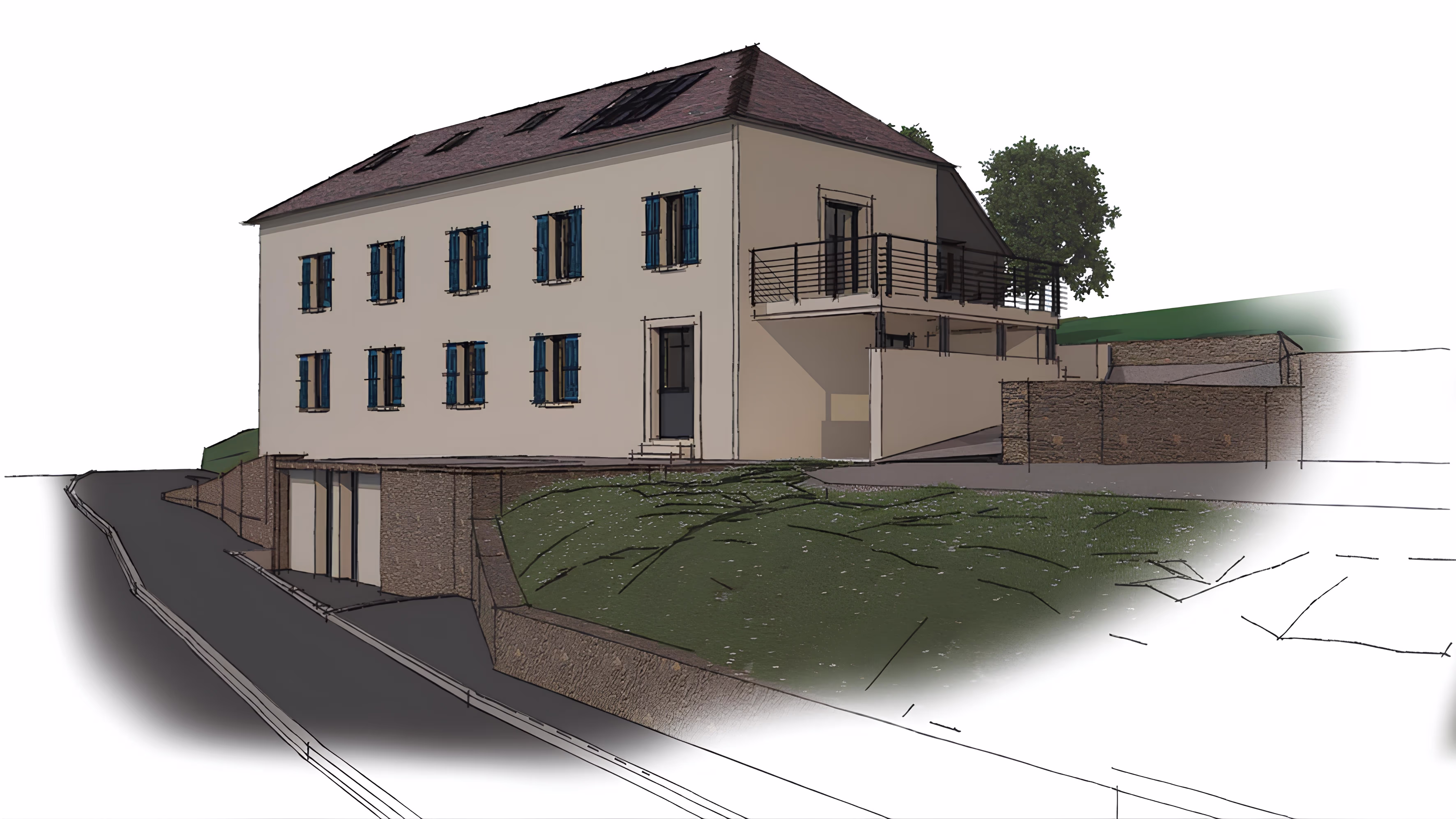 Esquisse architecturale du projet vue depuis la route, projet Logement collectif MDS 2 par SINA Architecture.