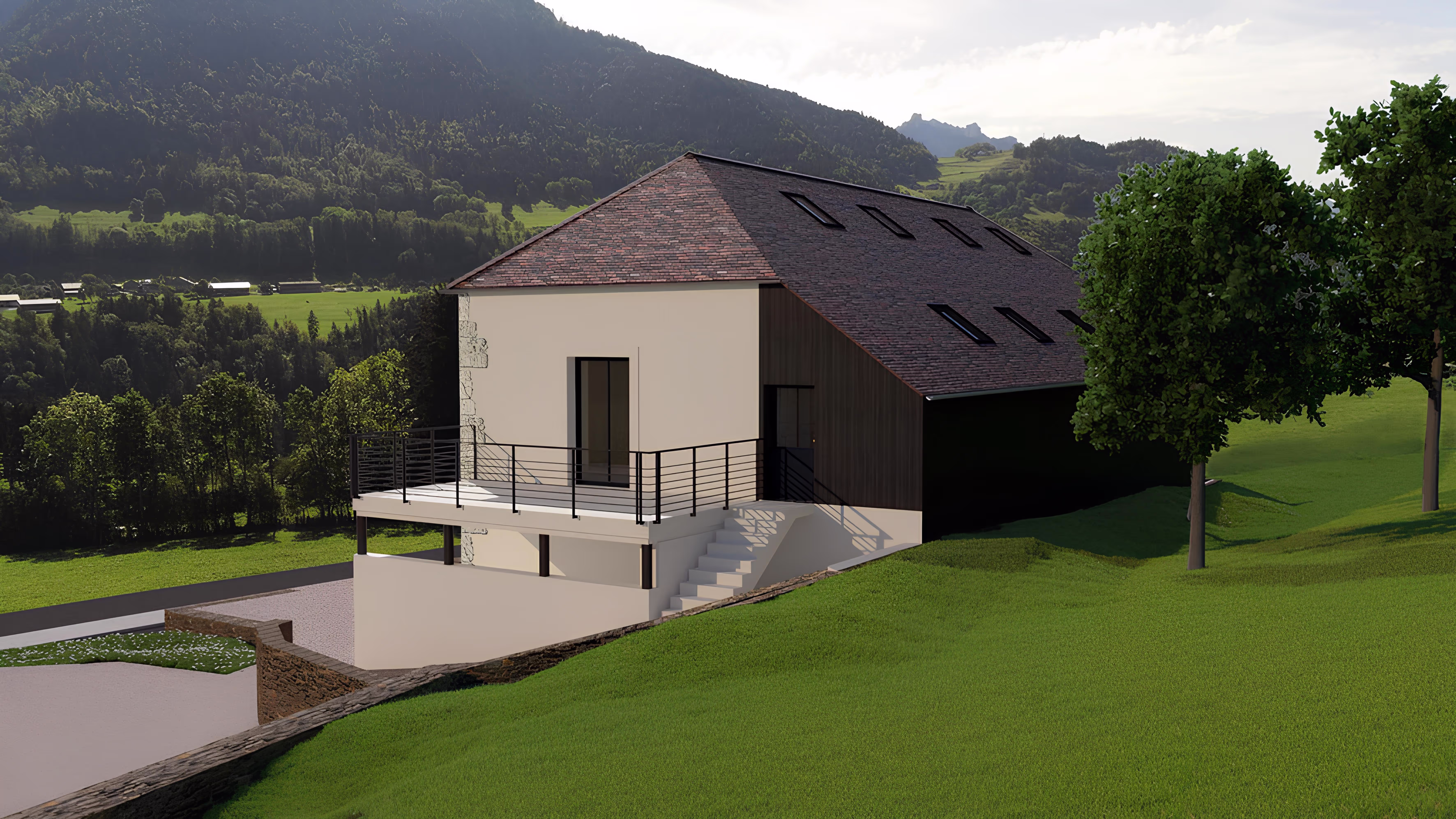 Vue extérieure avec terrasse et paysage, projet Logement collectif MDS 2 par SINA Architecture.