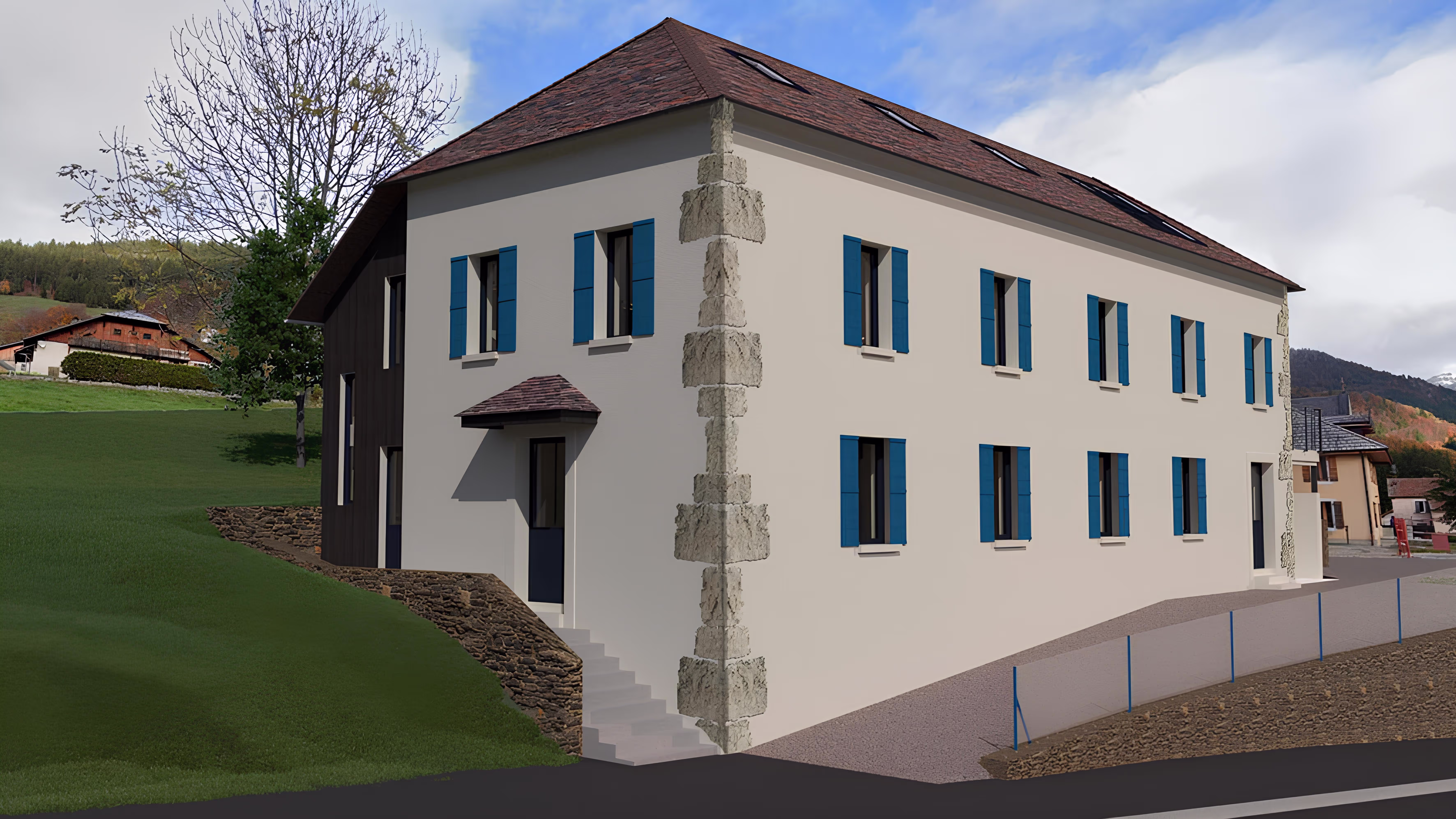 Façade rénovée avec volets bleus, projet Logement collectif MDS 2 par SINA Architecture.