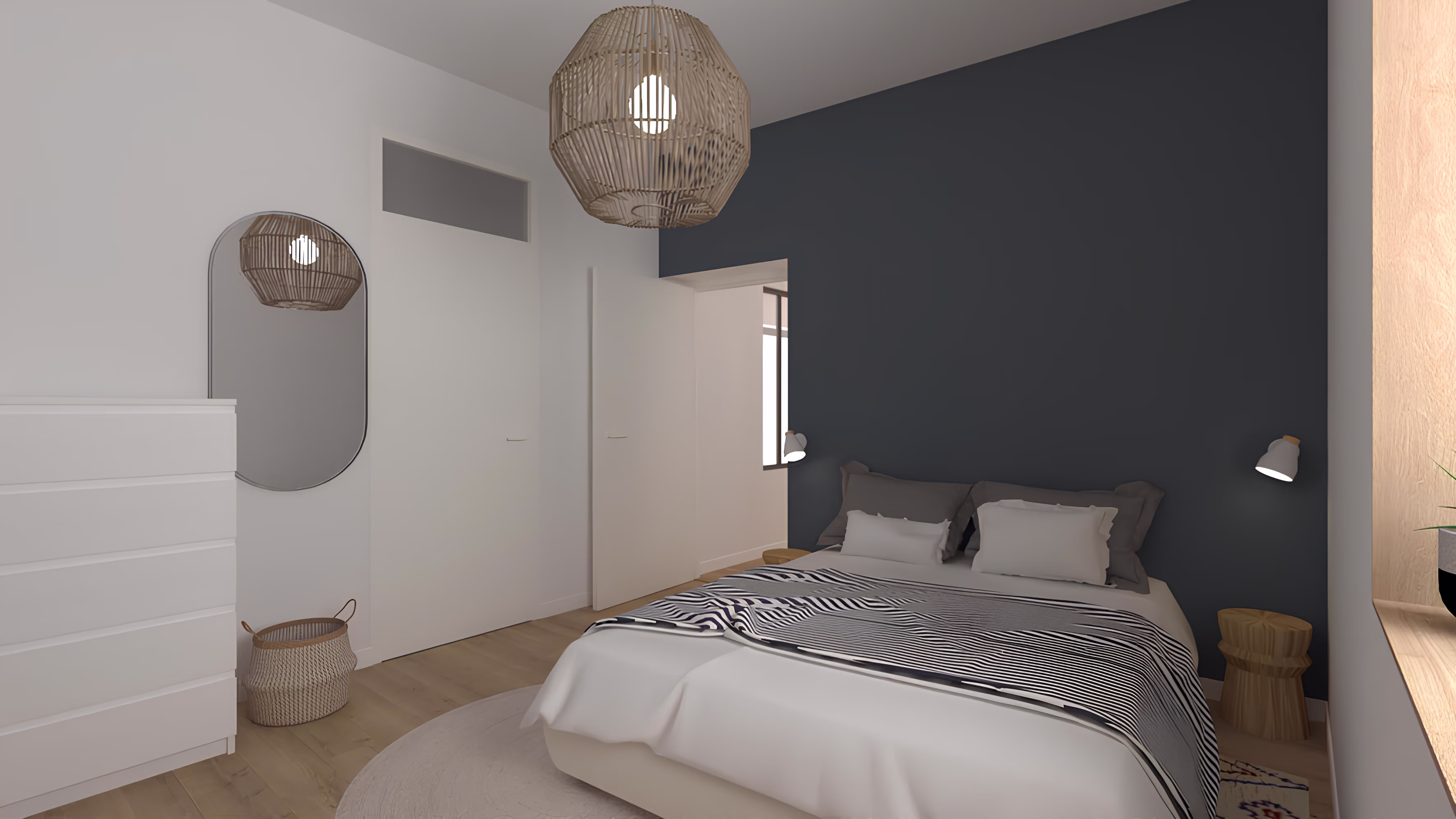 Chambre parentale chaleureuse avec mur bleu profond et décoration minimaliste, projet Longère de la Croix Verte par SINA Architecture.