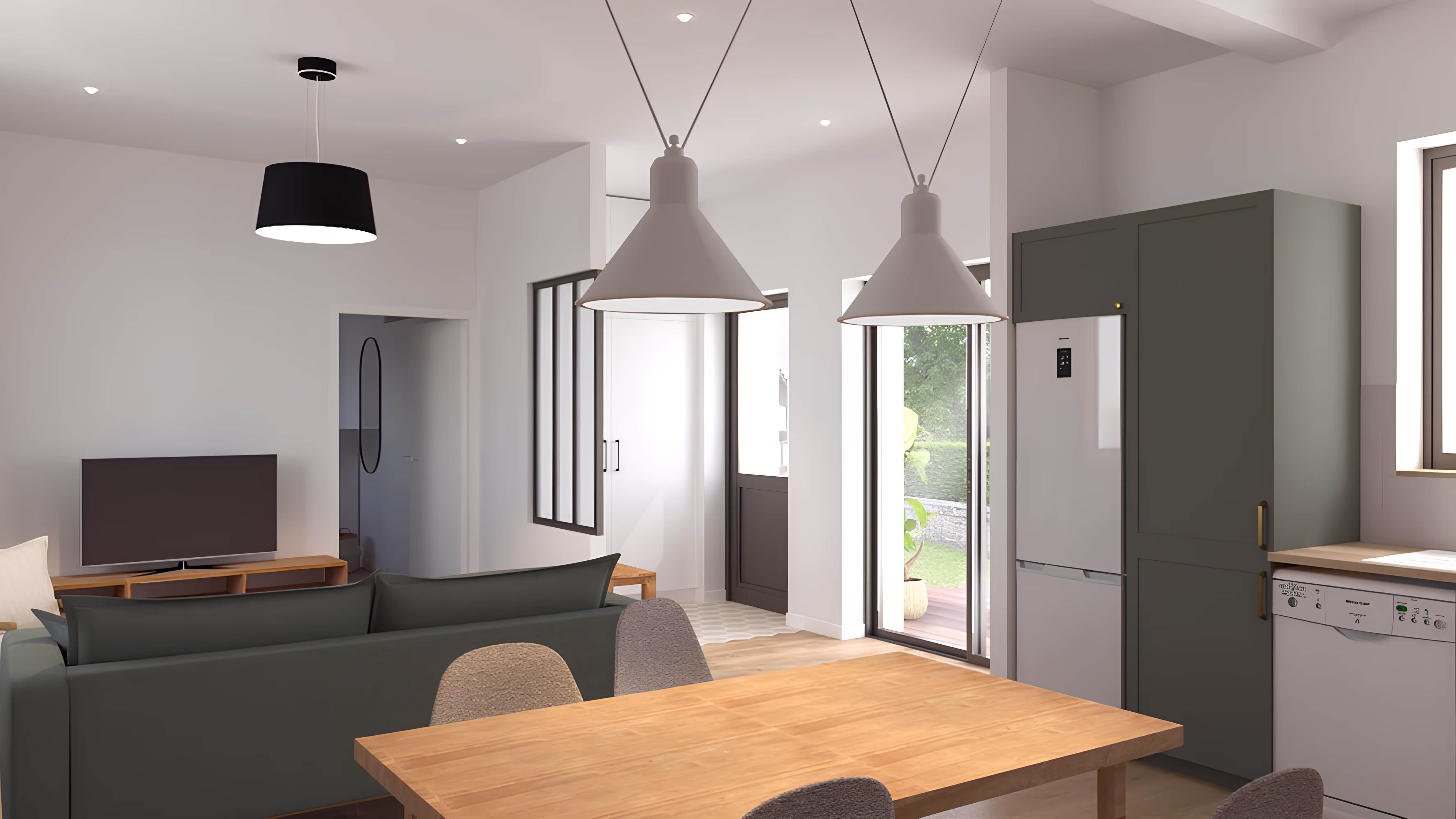 Salon et salle à manger lumineux ouverts sur une cuisine contemporaine, projet Longère de la Croix Verte par SINA Architecture.