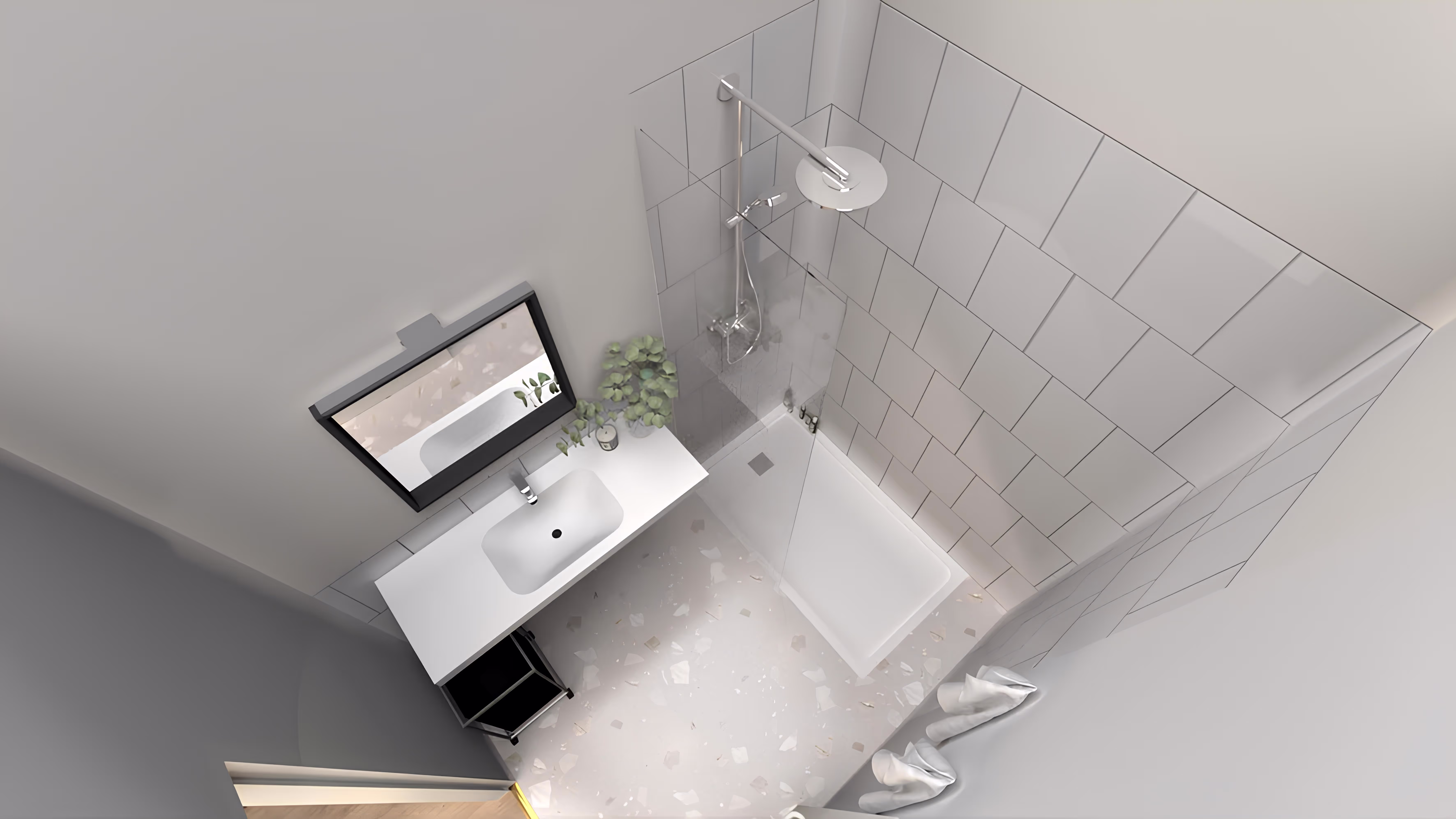 Vue aérienne d’une seconde salle de bain élégante avec douche spacieuse, projet Longère de la Croix Verte par SINA Architecture.