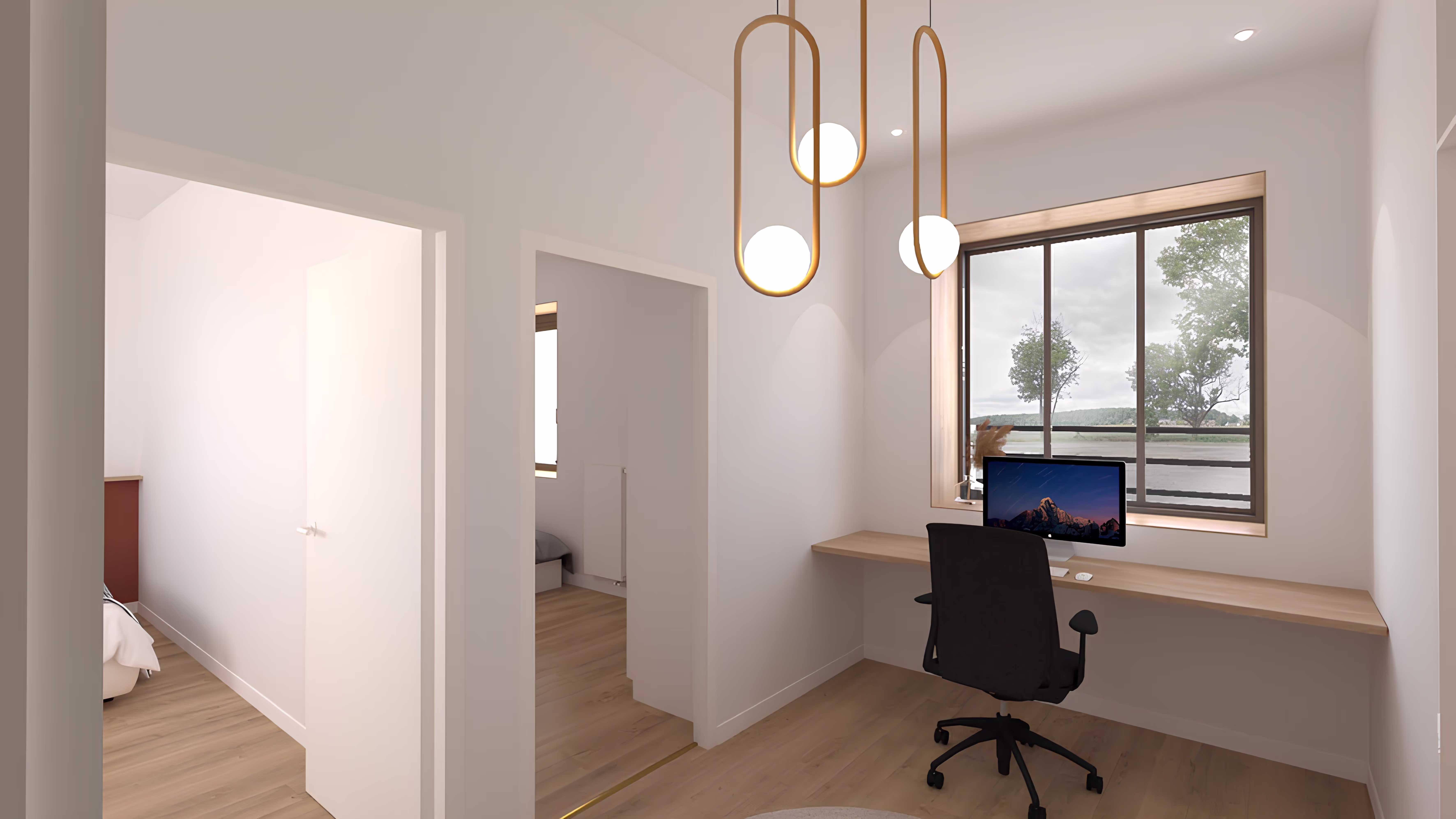 Bureau lumineux avec grande fenêtre donnant sur l’extérieur, projet Longère de la Croix Verte par SINA Architecture.