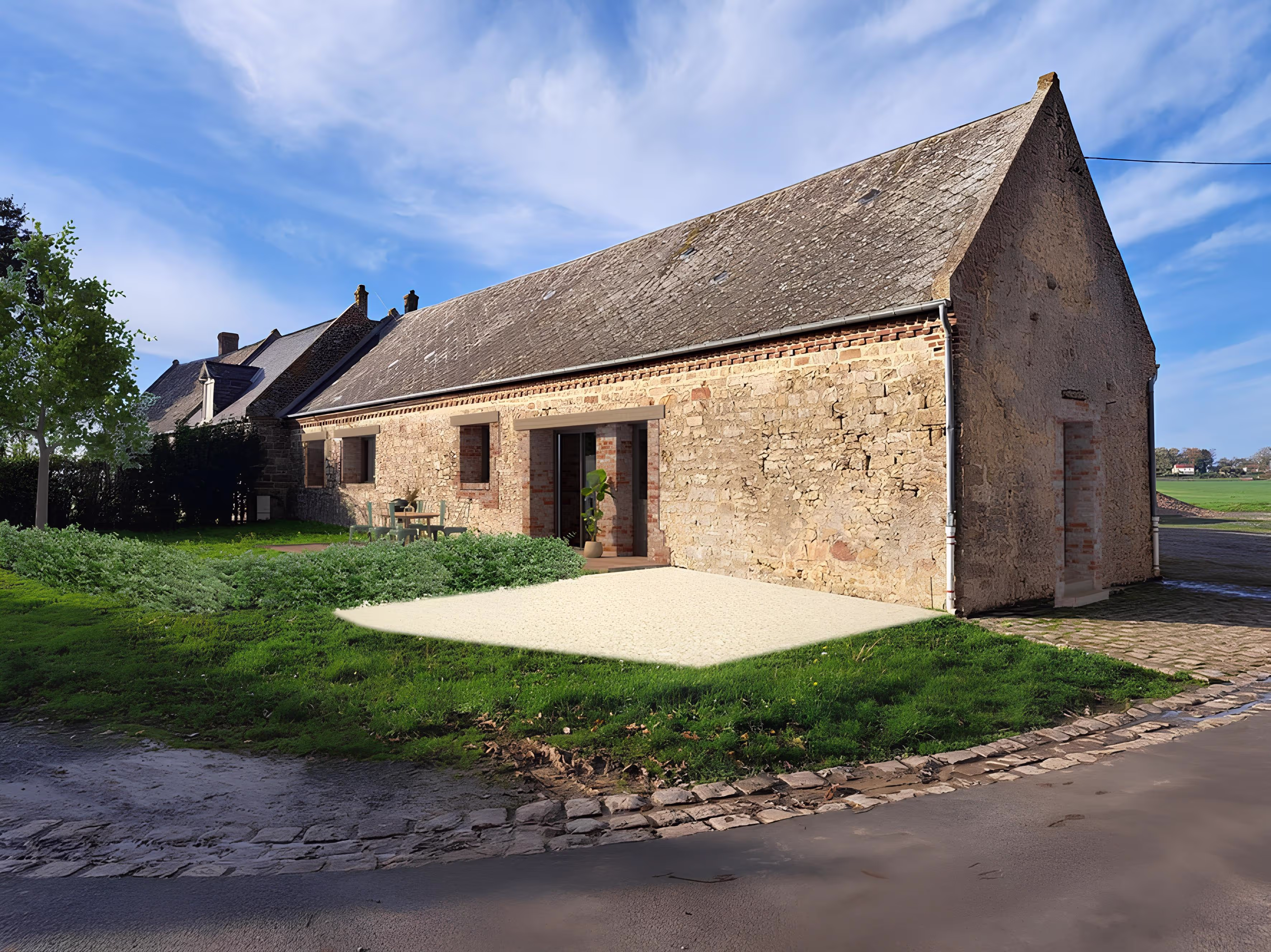 Vue extérieure montrant la façade en pierre restaurée d’une ancienne grange devenue maison, projet Longère de la Croix Verte par SINA Architecture.