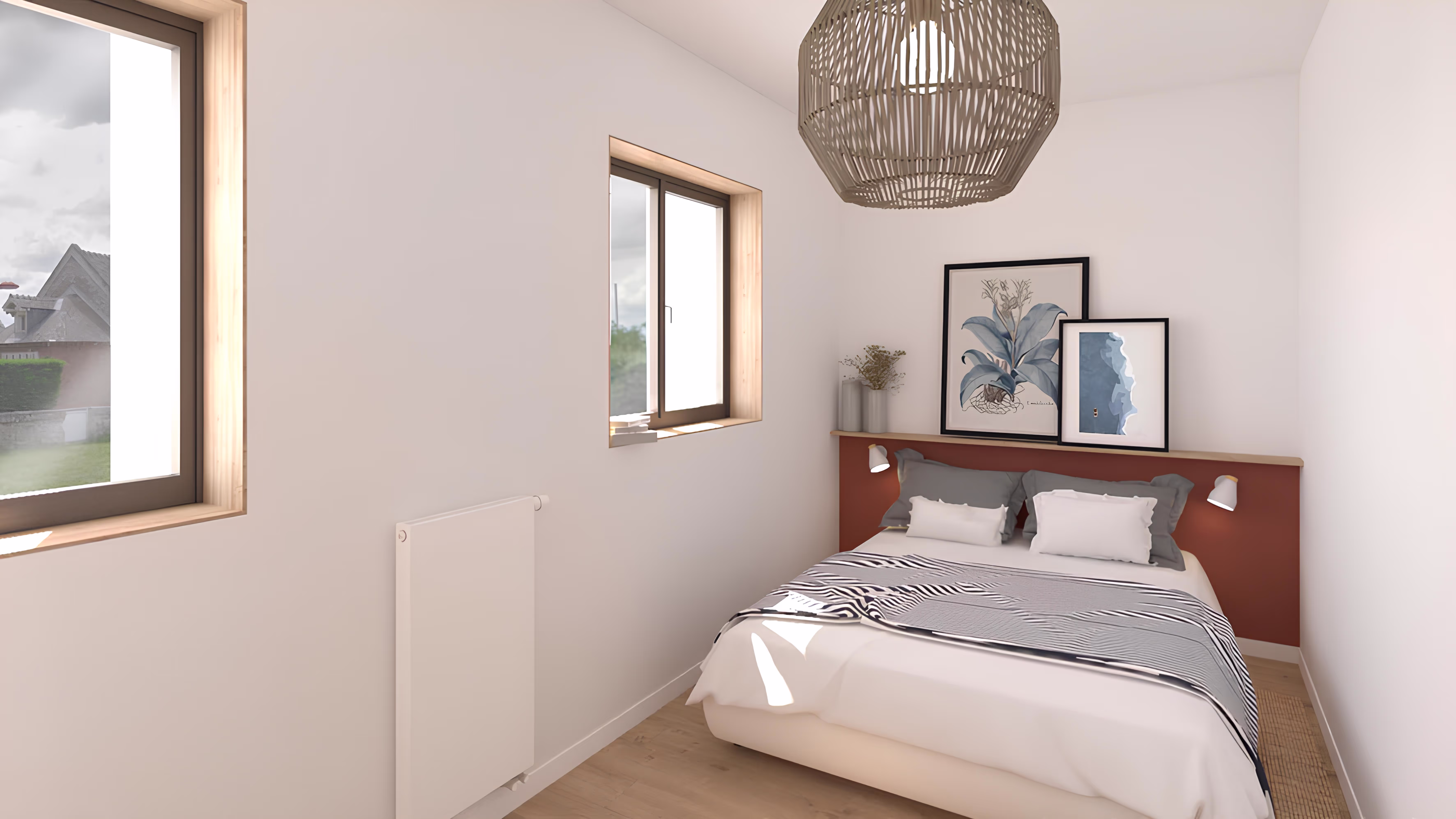 Chambre lumineuse décorée avec cadre et étagère intégrée, projet Longère de la Croix Verte par SINA Architecture.