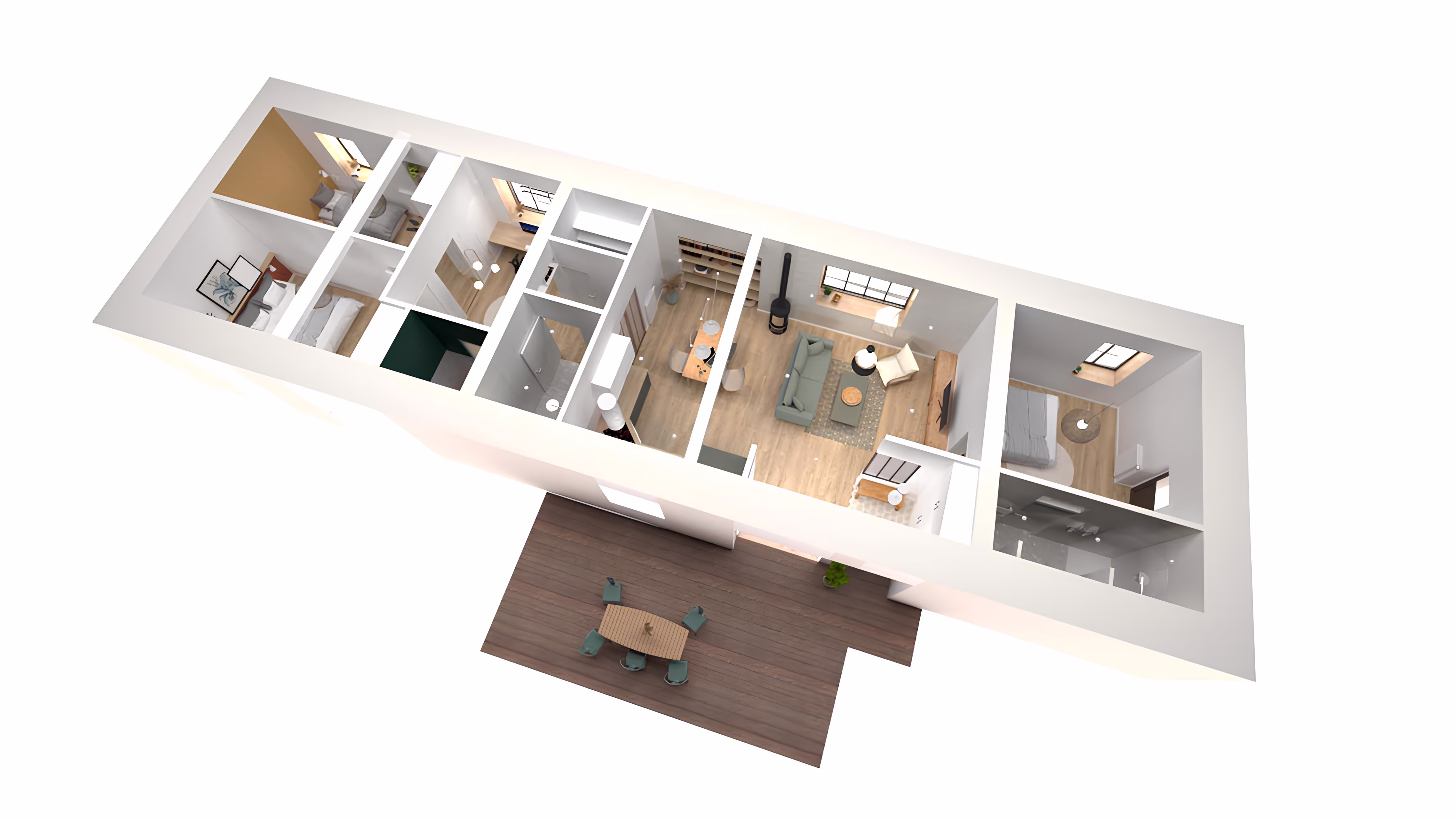 Vue aérienne 3D complète du plan intérieur de la maison rénovée avec terrasse extérieure, projet Longère de la Croix Verte par SINA Architecture.