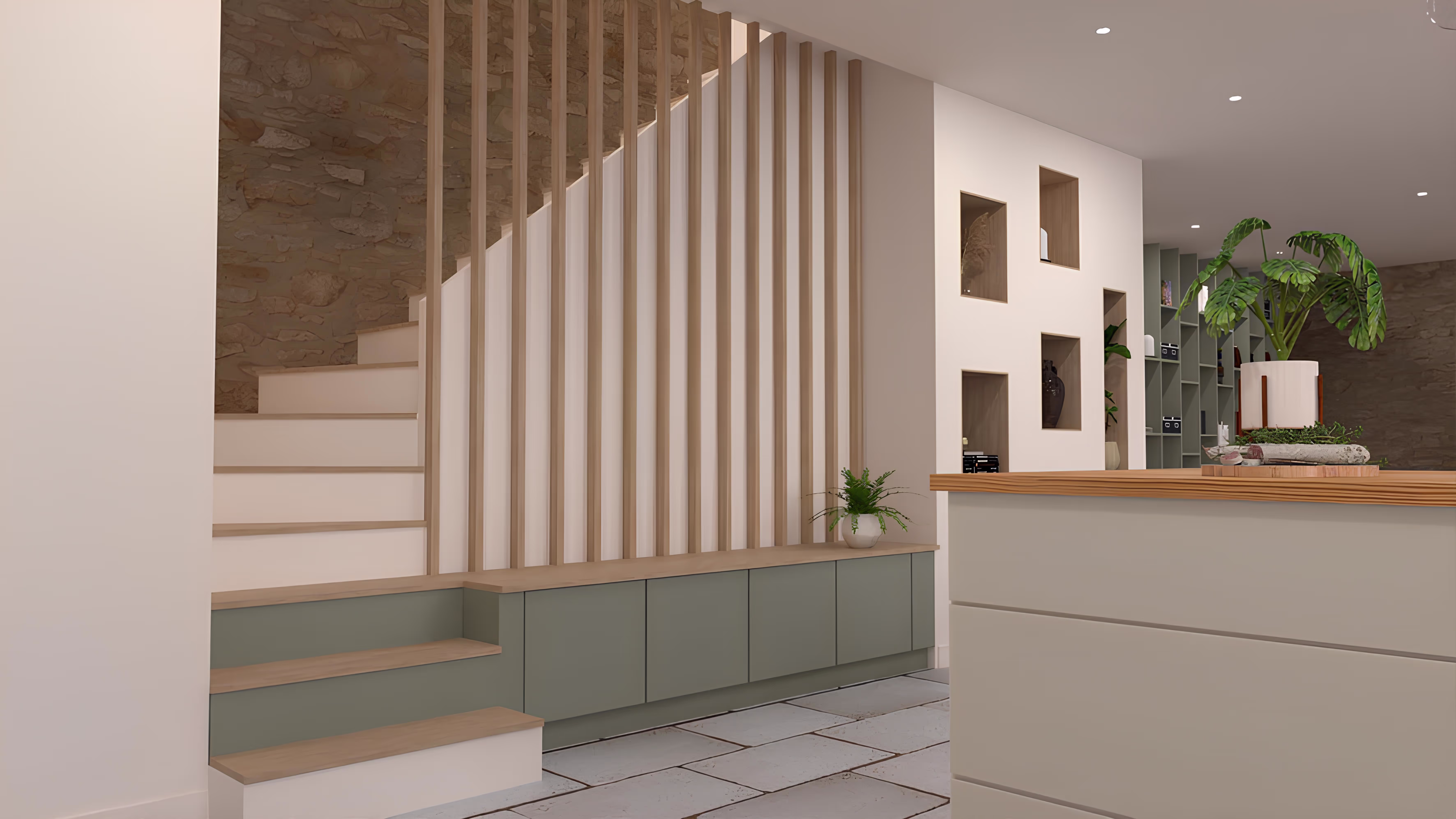 Vue détaillée du nouvel escalier intérieur en bois clair avec rangements intégrés, projet Longère de la Messe par SINA Architecture.