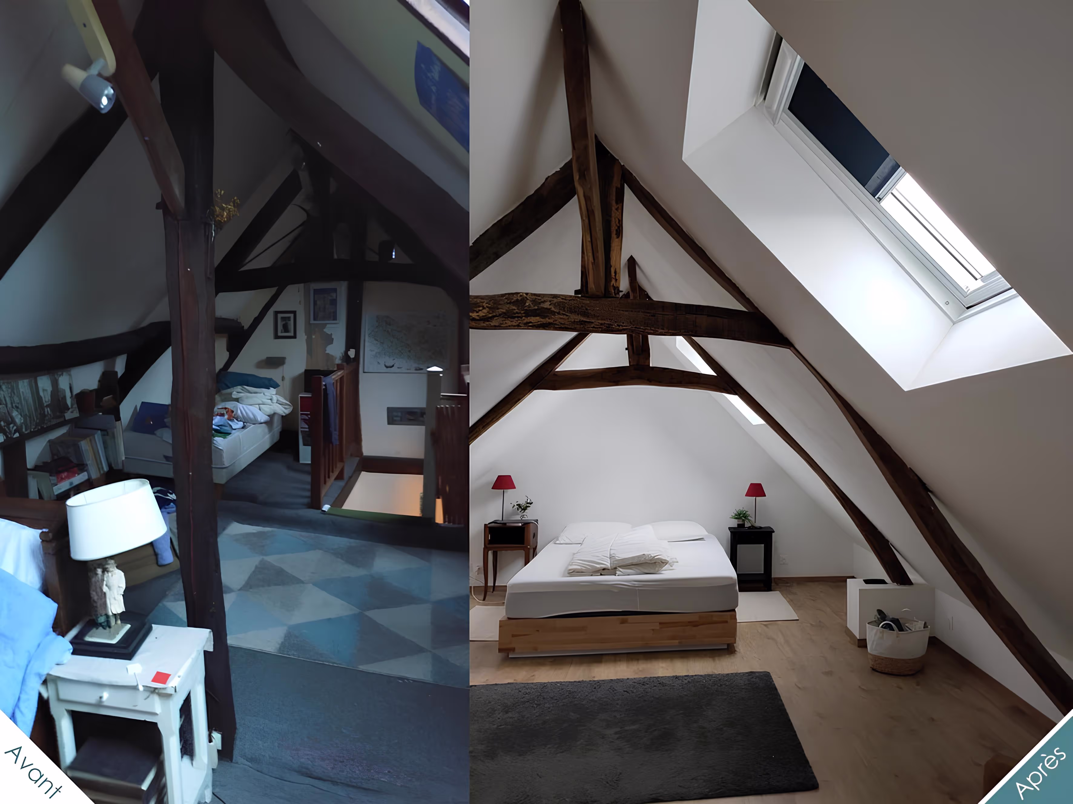Aménagement des combles en chambre lumineuse avec poutres apparentes par SINA Architecture, projet de rénovation intérieure Longère Larronville.