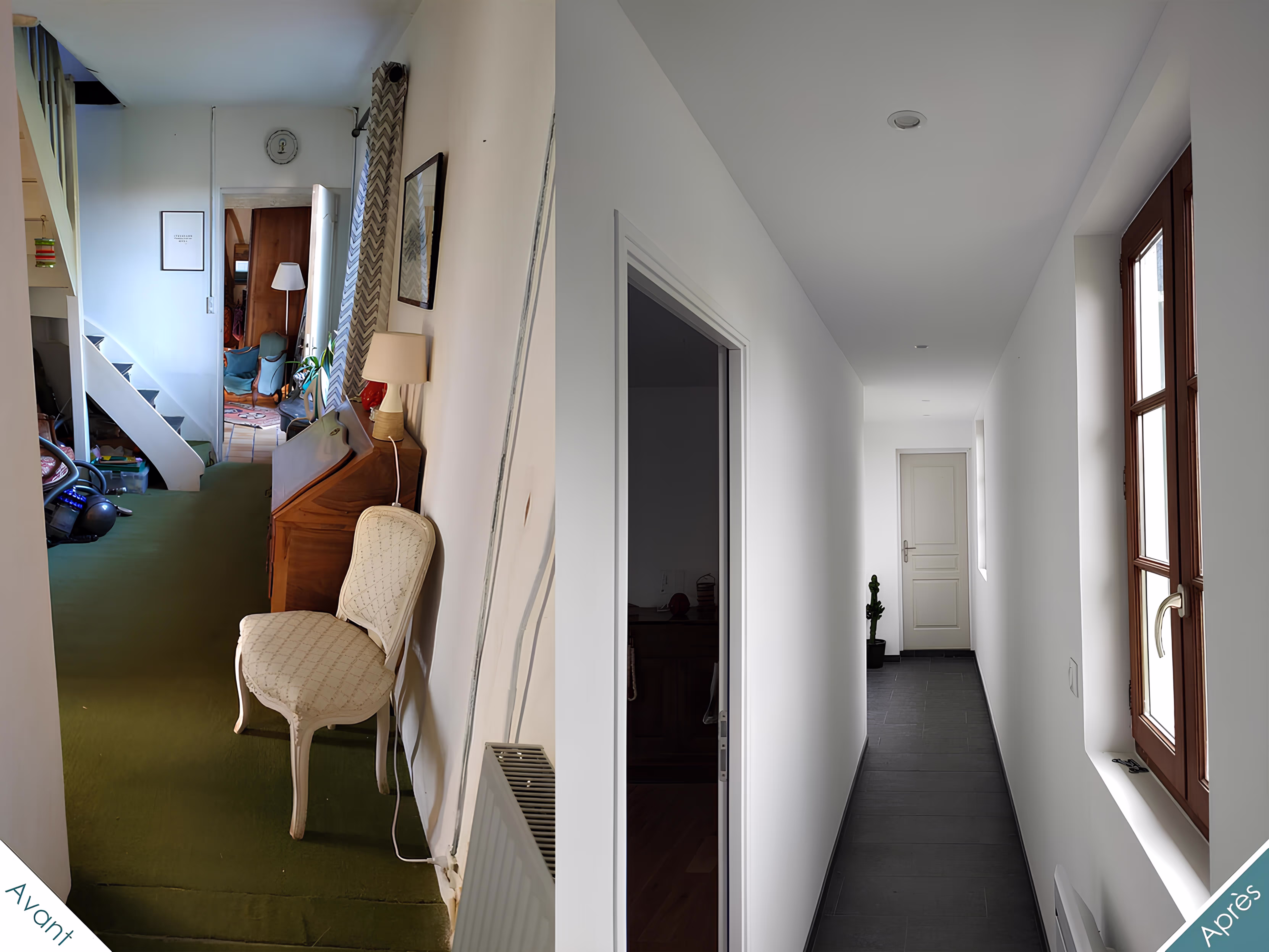 Transformation avant-après d’un couloir intérieur de la Longère Larronville par SINA Architecture, optimisation spatiale et luminosité naturelle.