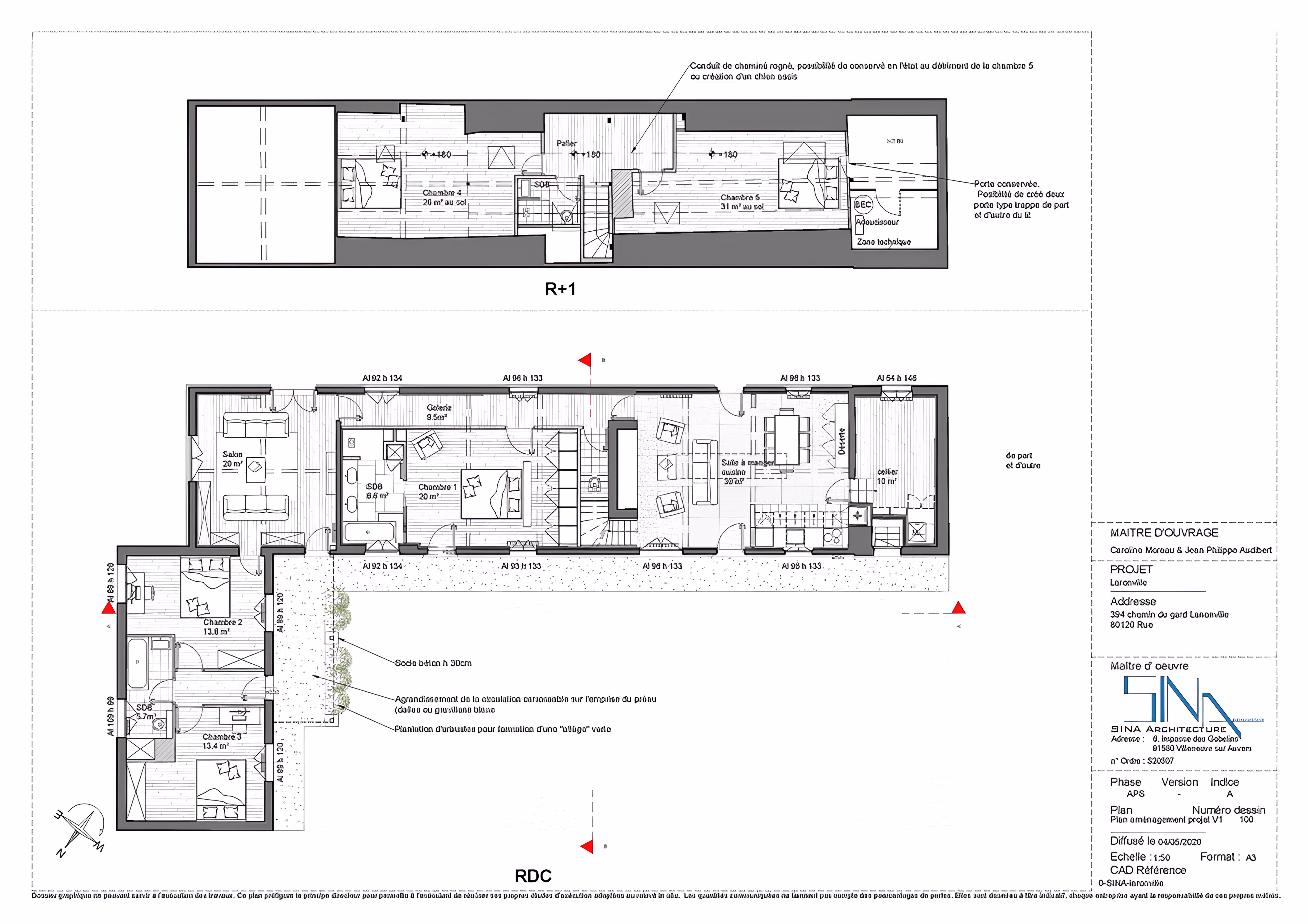 Plan RDC et R+1 de la rénovation intérieure de la Longère Larronville par SINA Architecture, optimisant l’espace et les circulations.