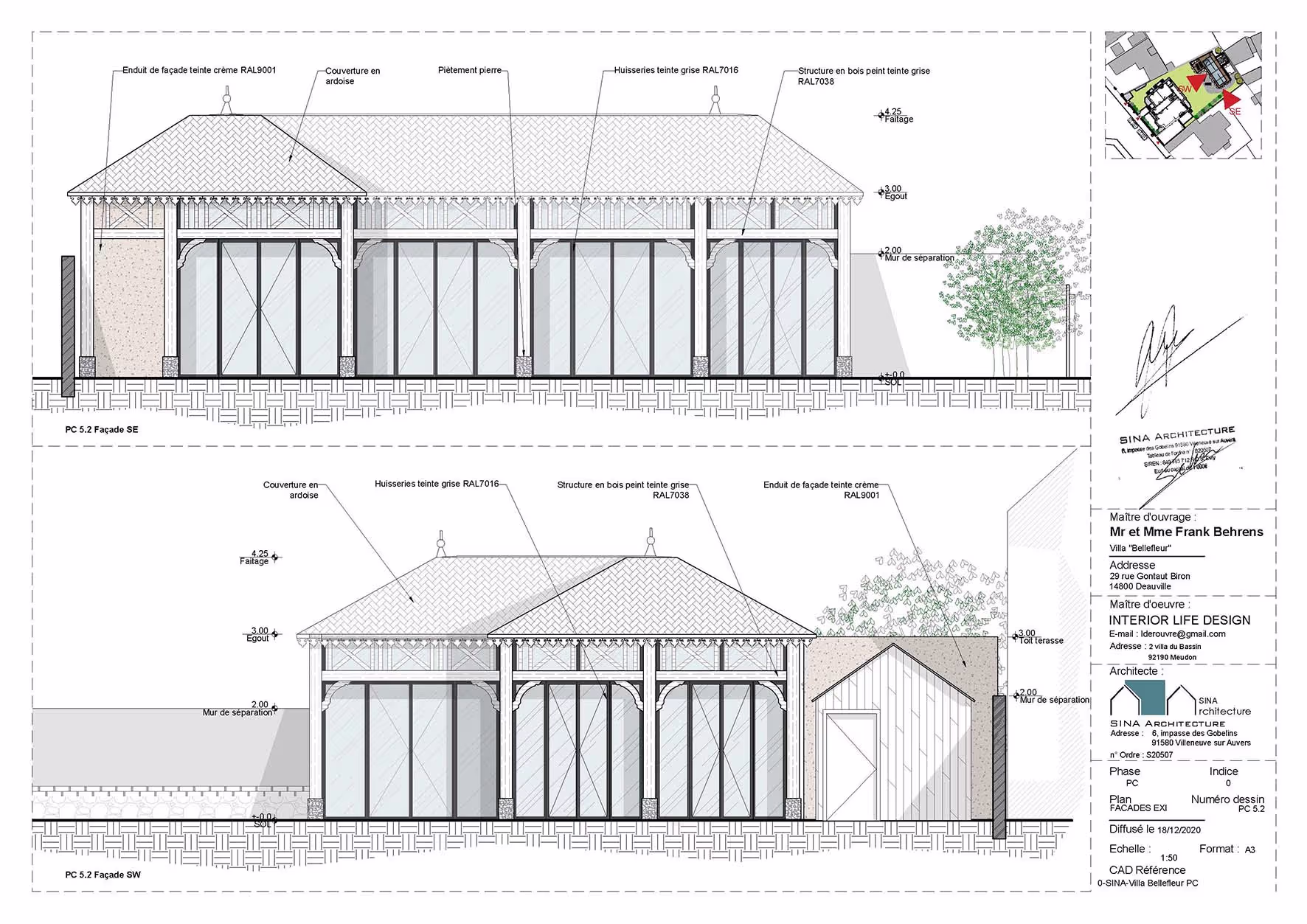 Plan des façades sud-est et sud-ouest du projet Piscine Bellefleur à Deauville par SINA Architecture