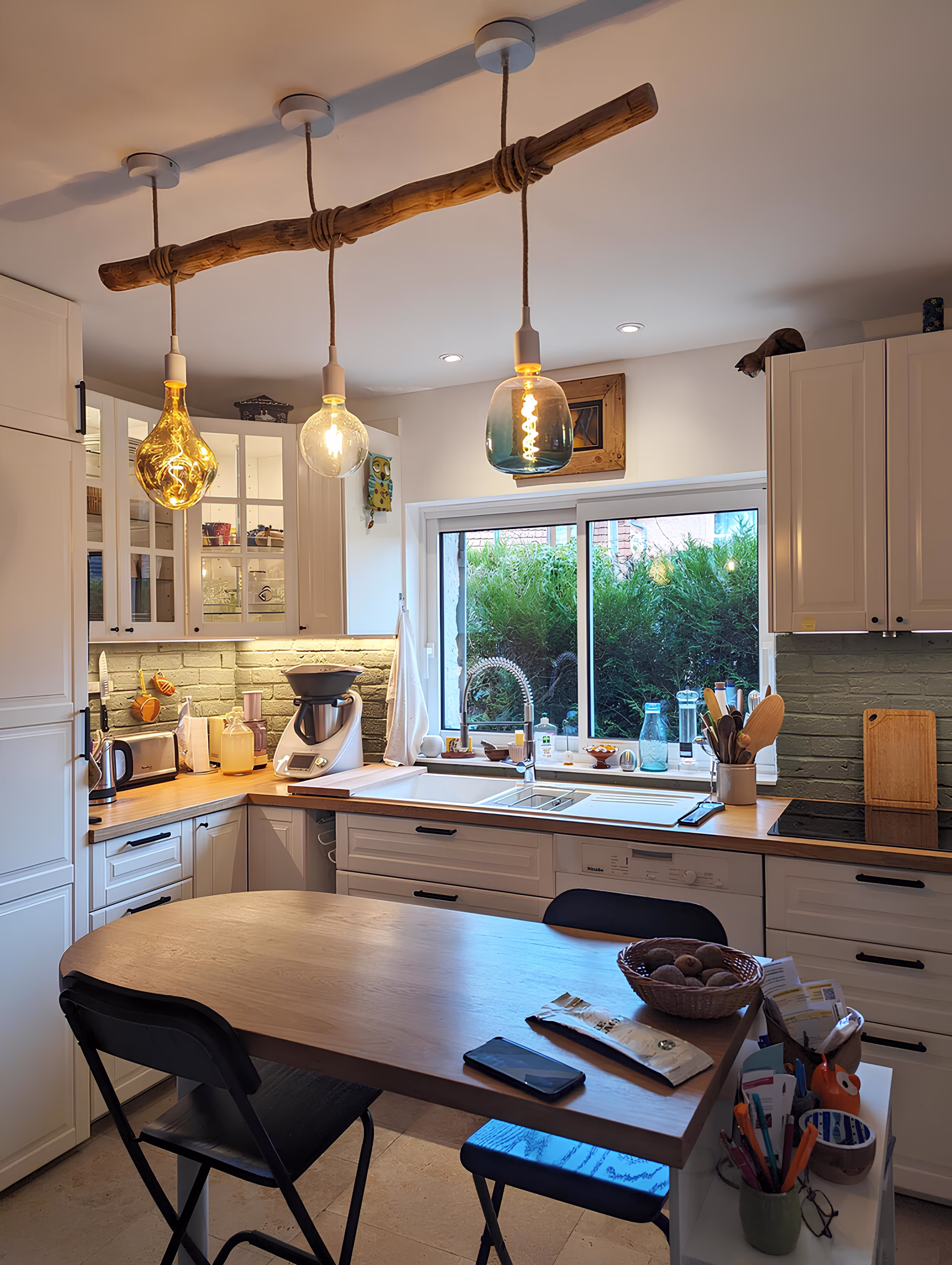 Cuisine rénovée chaleureuse avec suspensions décoratives et mobilier contemporain, projet Rénovation du Moulin par SINA Architecture.
