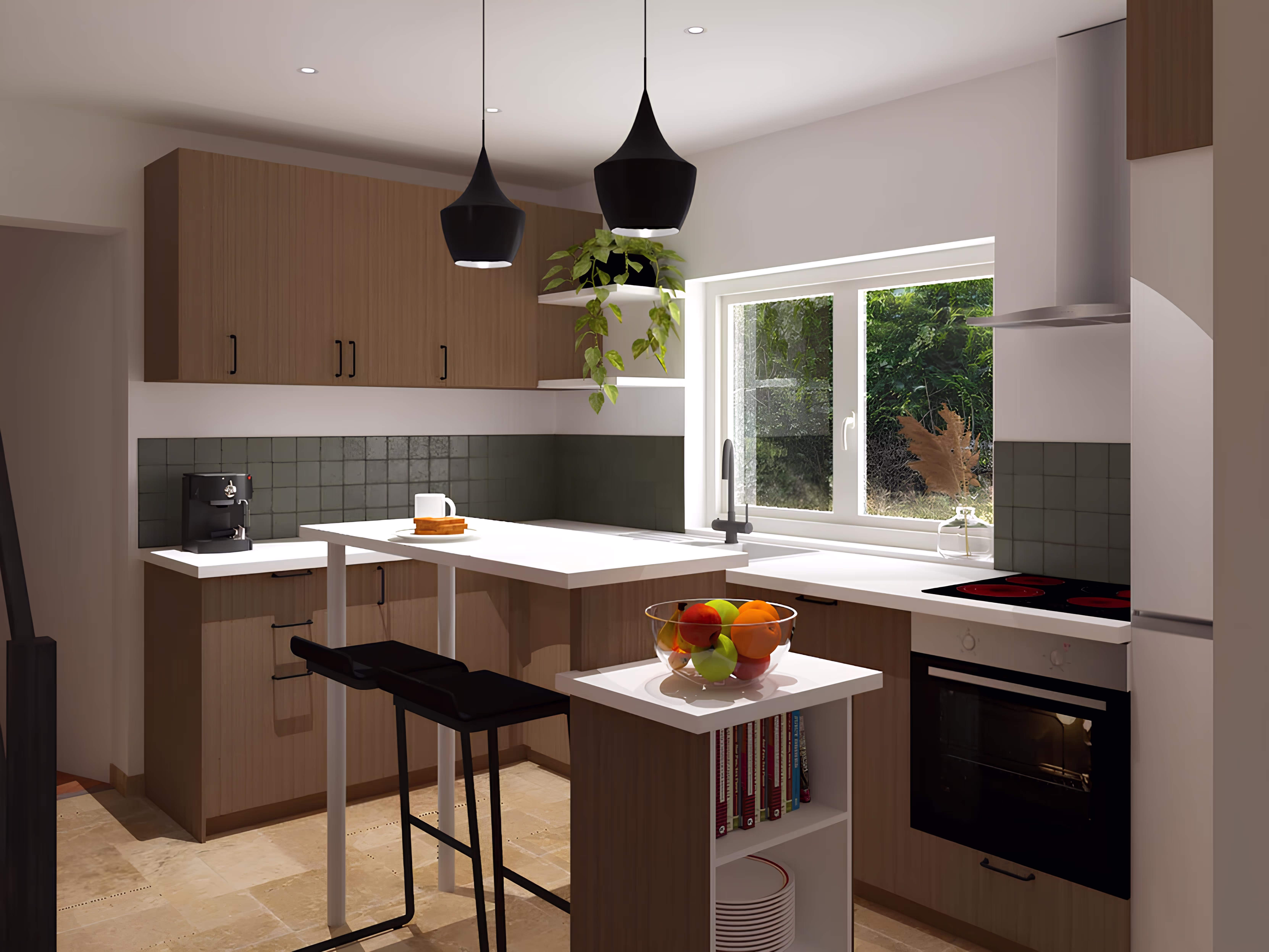Rendu 3D de la cuisine moderne avec meubles bois et détails blancs, projet Rénovation du Moulin par SINA Architecture.