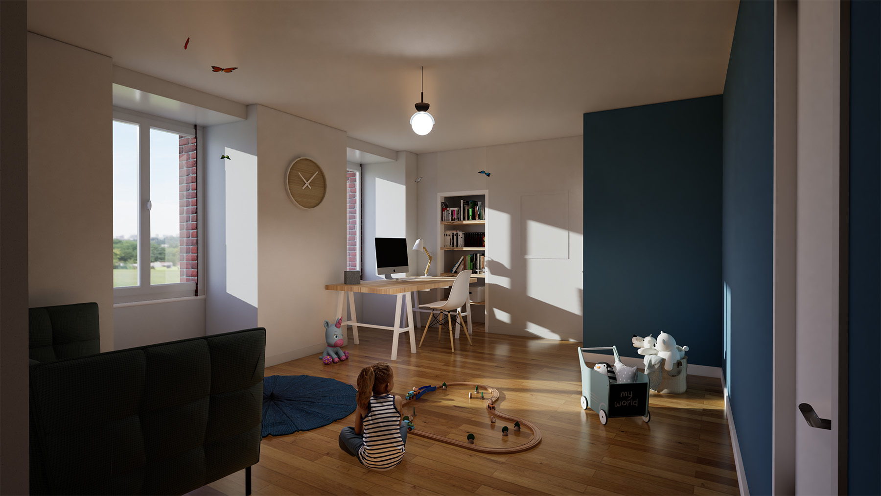 Rendu 3D d'une chambre polyvalente bureau et espace enfant, Ferme des Grès, SINA Architecture