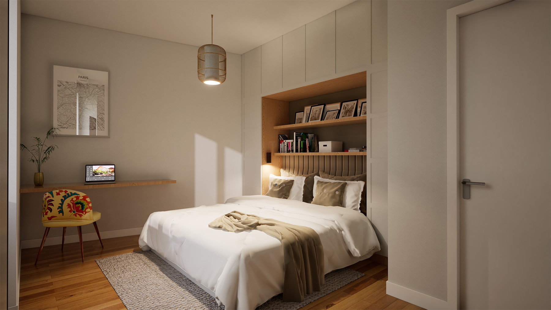 Rendu 3D d'une chambre avec tête de lit encastrée et rangements sur mesure, Ferme des Grès, SINA Architecture