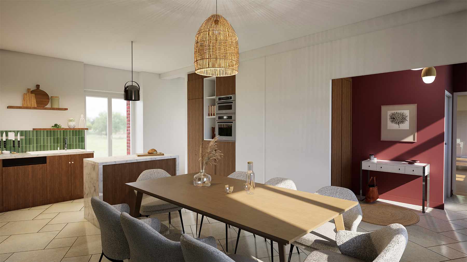 Rendu 3D de la salle à manger ouverte sur la cuisine avec îlot central, Ferme des Grès, SINA Architecture
