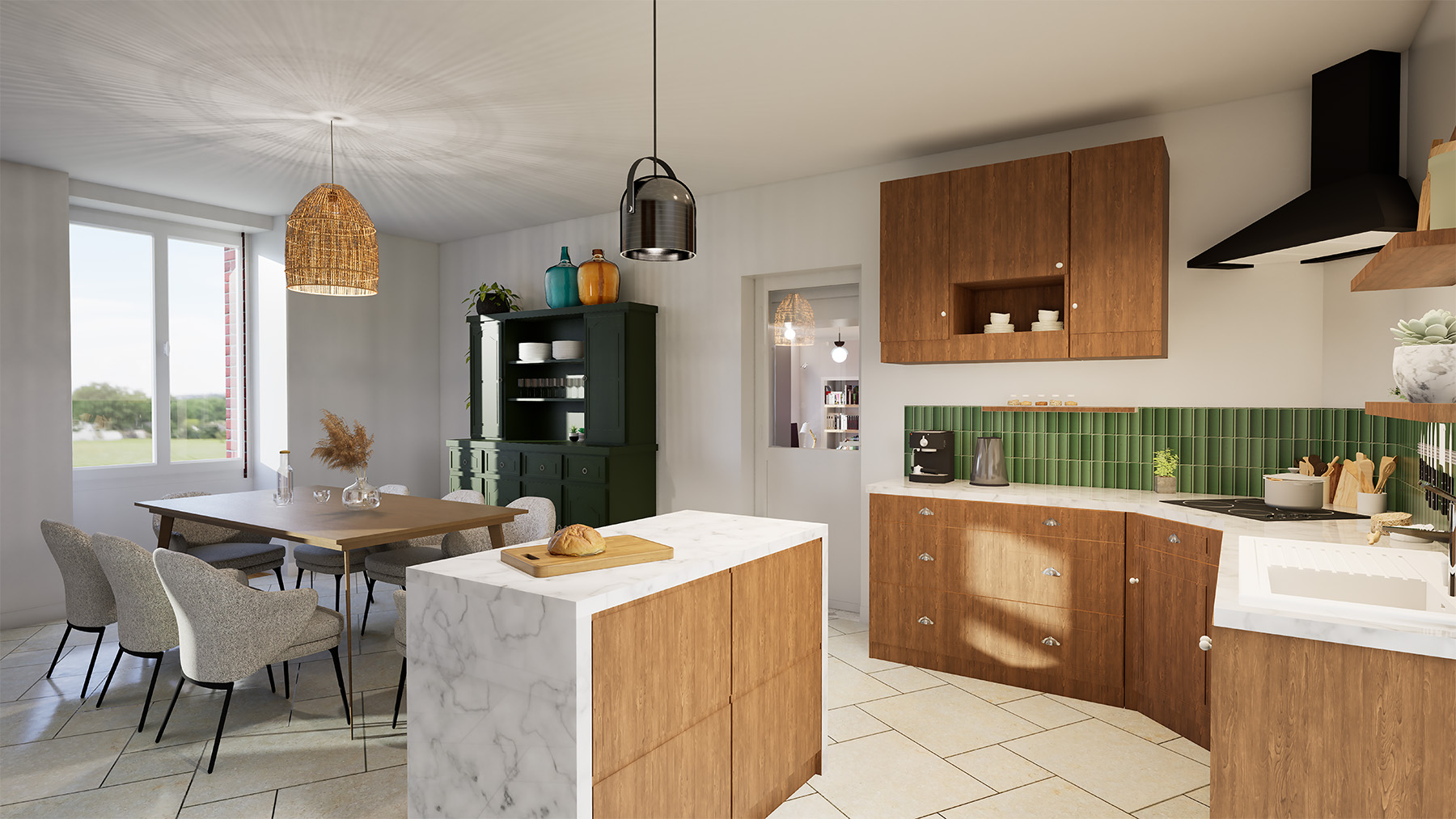 Rendu 3D de la cuisine avec îlot en marbre et crédence carreaux verts, Ferme des Grès, SINA Architecture