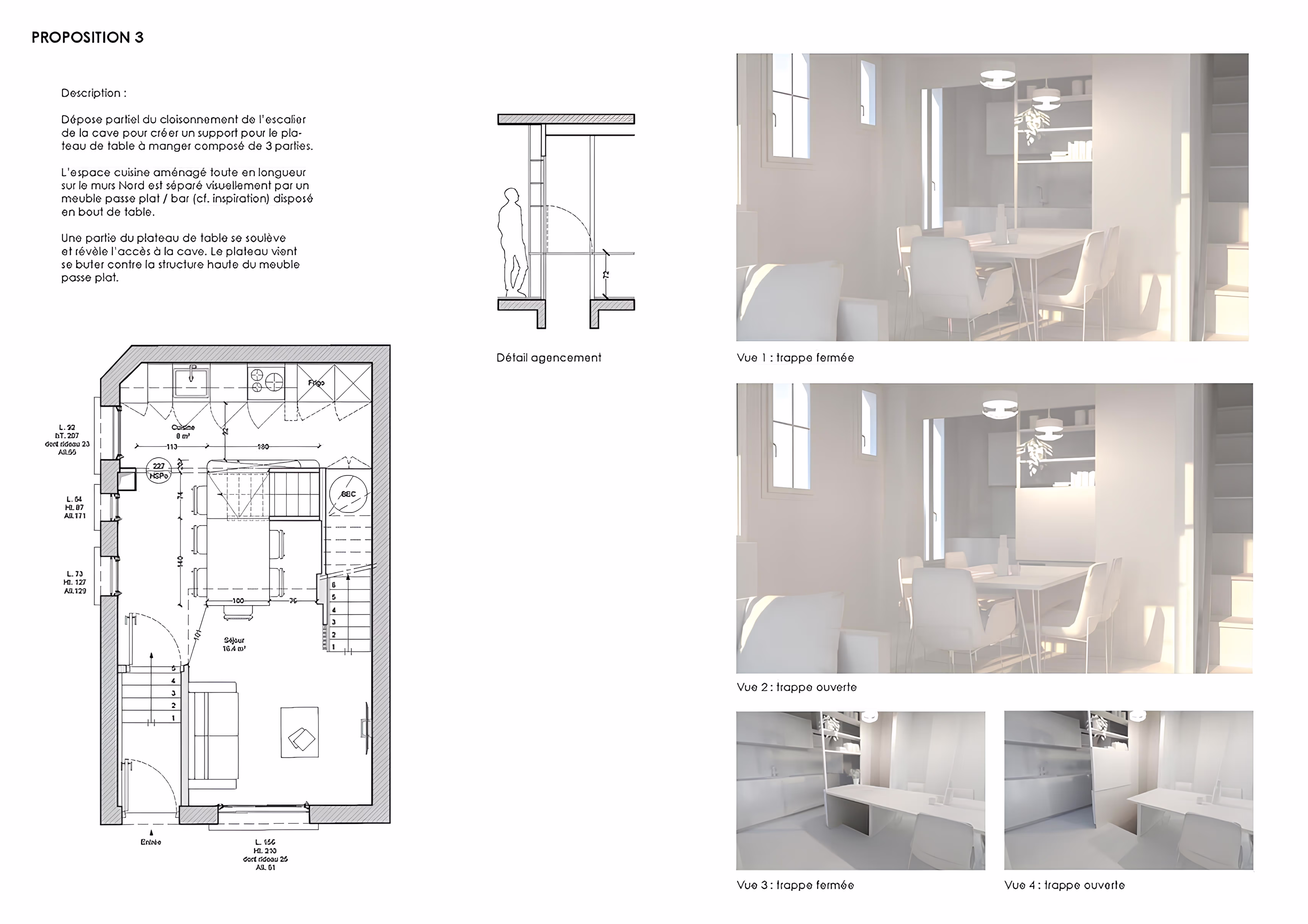 Proposition d’agencement intérieur avec détail table-trappe, projet Surélévation Boileau par SINA Architecture.