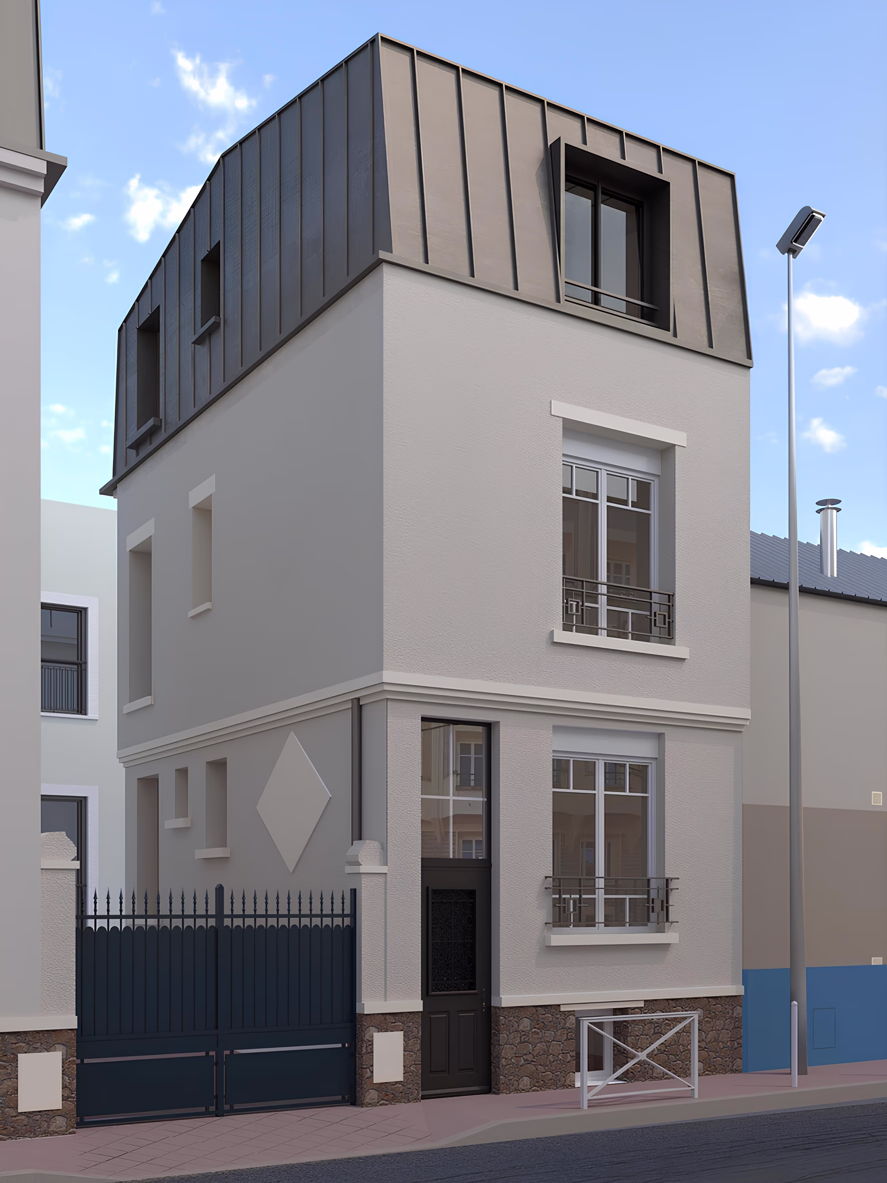 Rendu 3D réaliste façade rue avec surélévation en mansarde zinc, projet Surélévation Boileau par SINA Architecture.