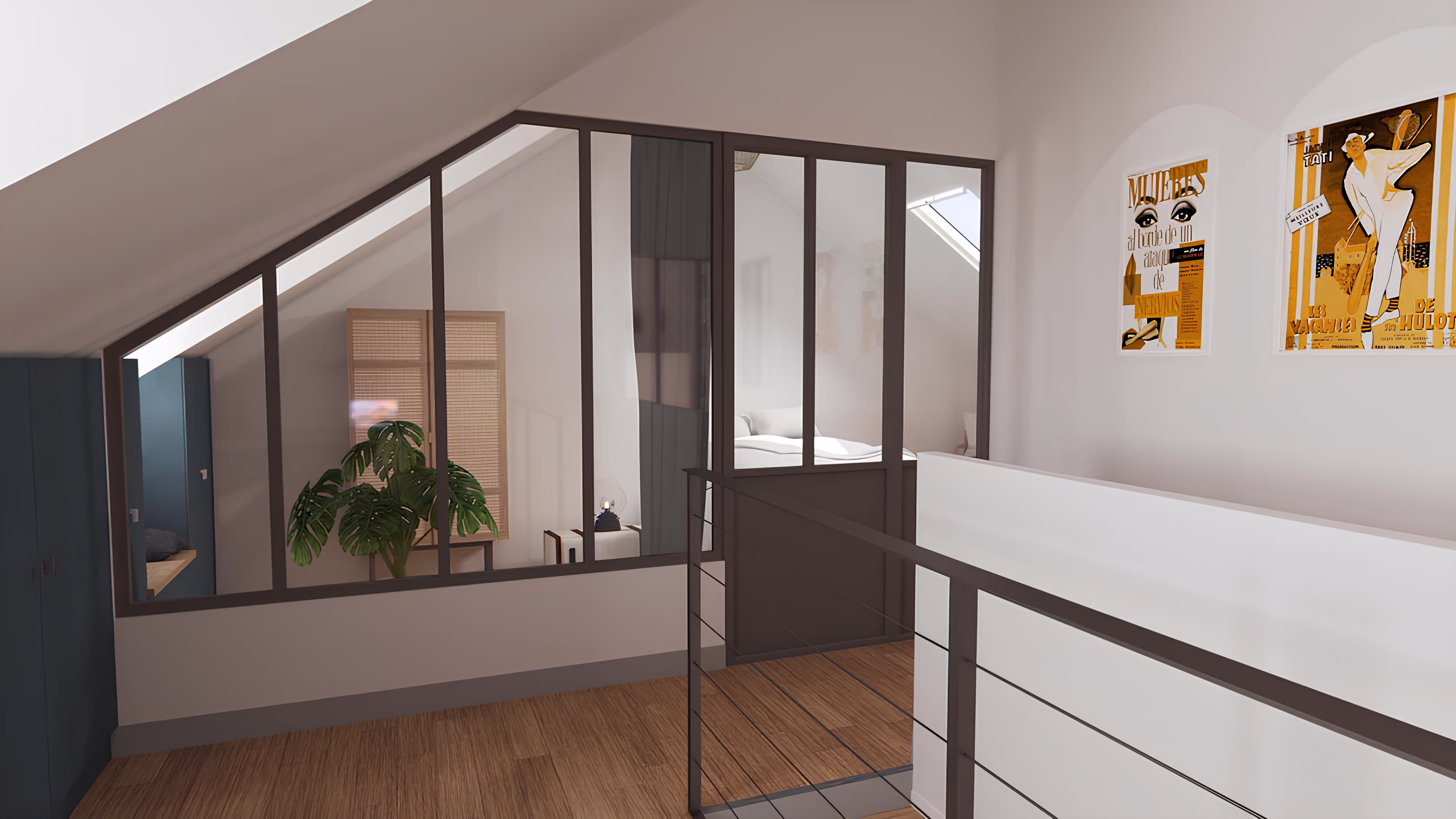 Plan 3D Verrière intérieure vue depuis l’escalier, projet Surélévation de Géry par SINA Architecture.