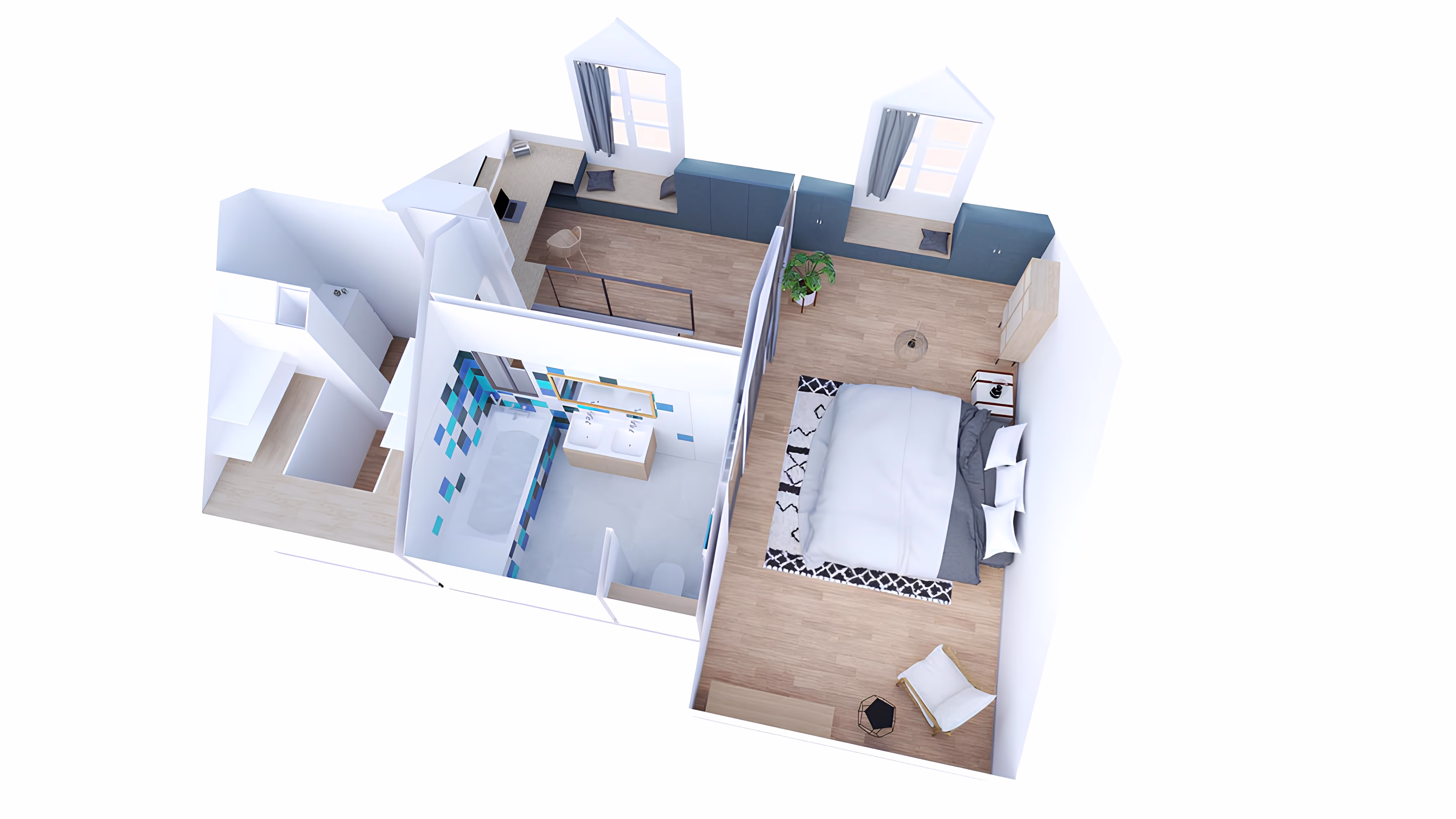 Vue 3D d’ensemble du nouvel étage R+2, projet Surélévation de Géry par SINA Architecture.