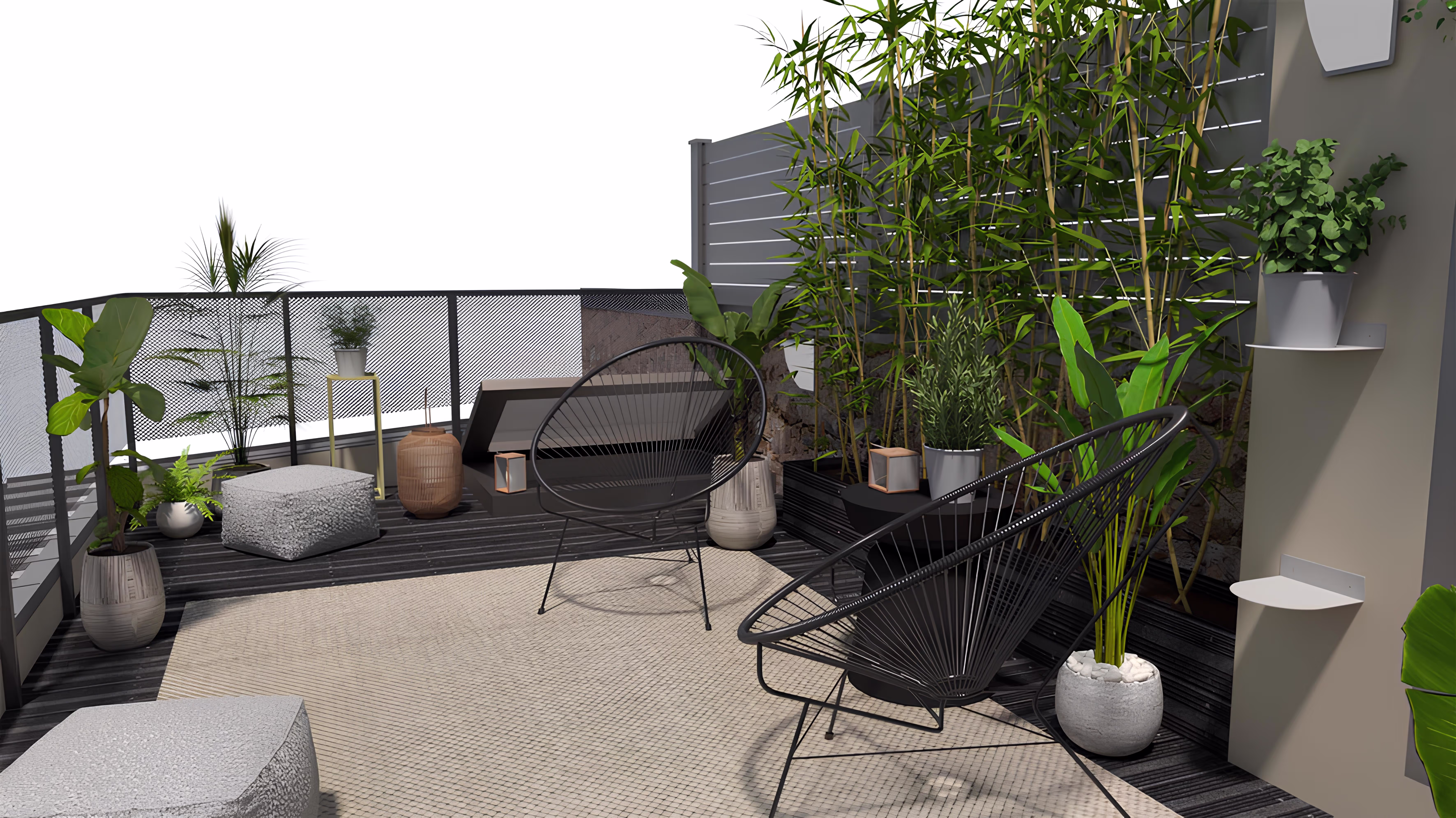 Vue rapprochée de l’aménagement de la terrasse avec mobilier moderne et végétation abondante, projet Terrasse FDC par SINA Architecture.