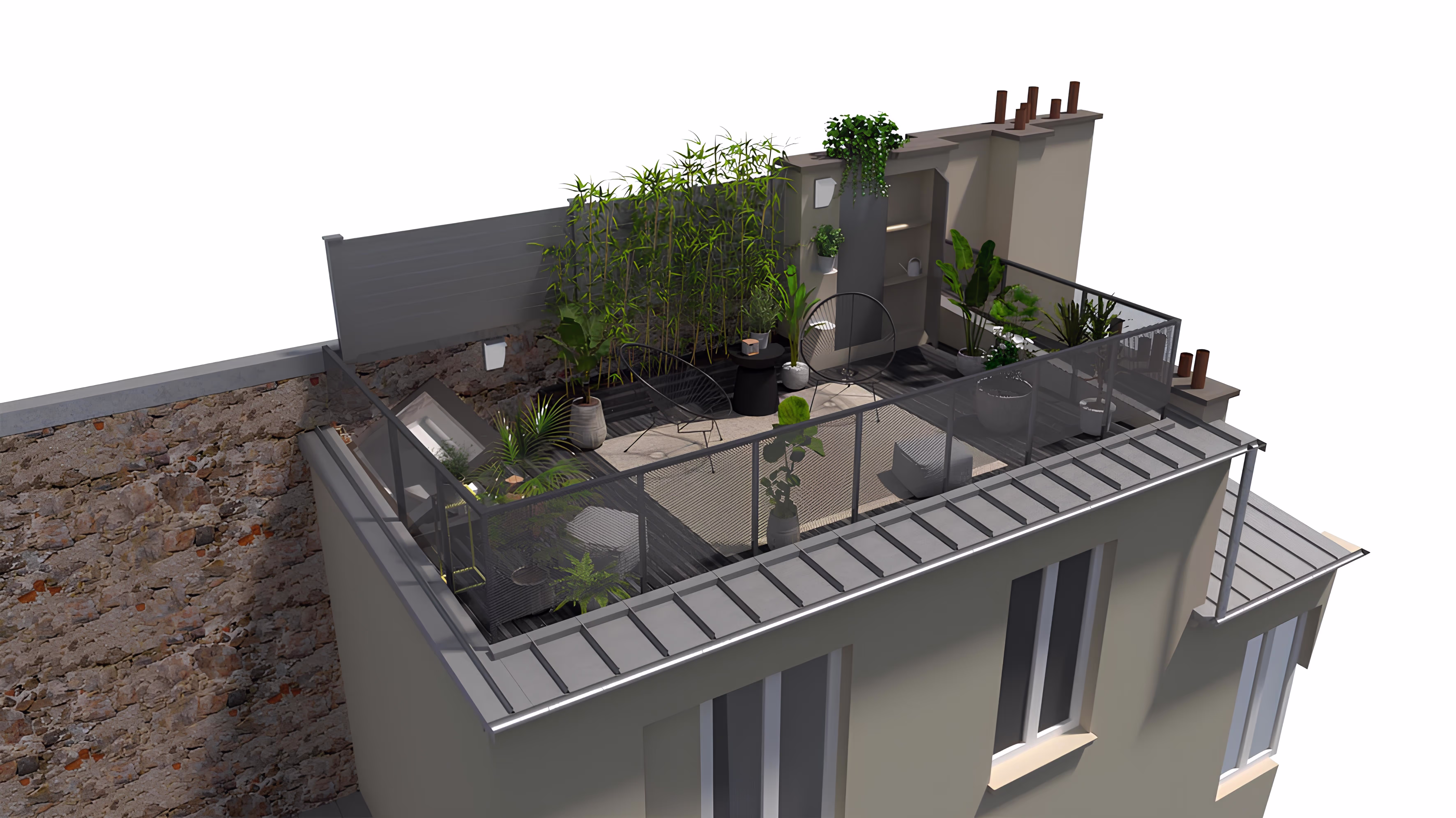 Vue aérienne 3D de la terrasse intégrée à la toiture existante, montrant les matériaux choisis et l’aménagement paysager, projet Terrasse FDC par SINA Architecture.