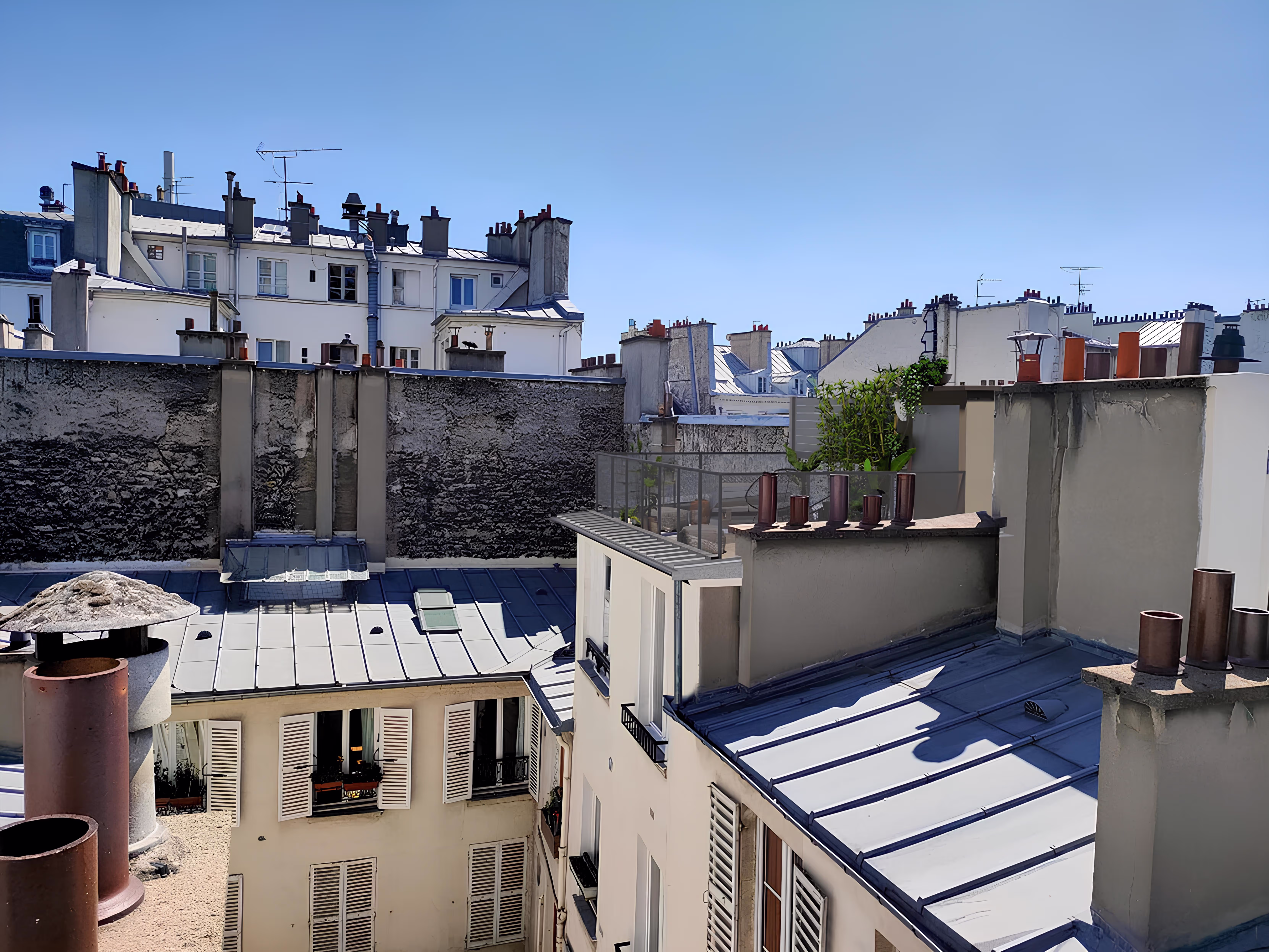 Perspective d’insertion du projet dans son contexte parisien environnant depuis un point de vue en hauteur, projet Terrasse FDC par SINA Architecture.