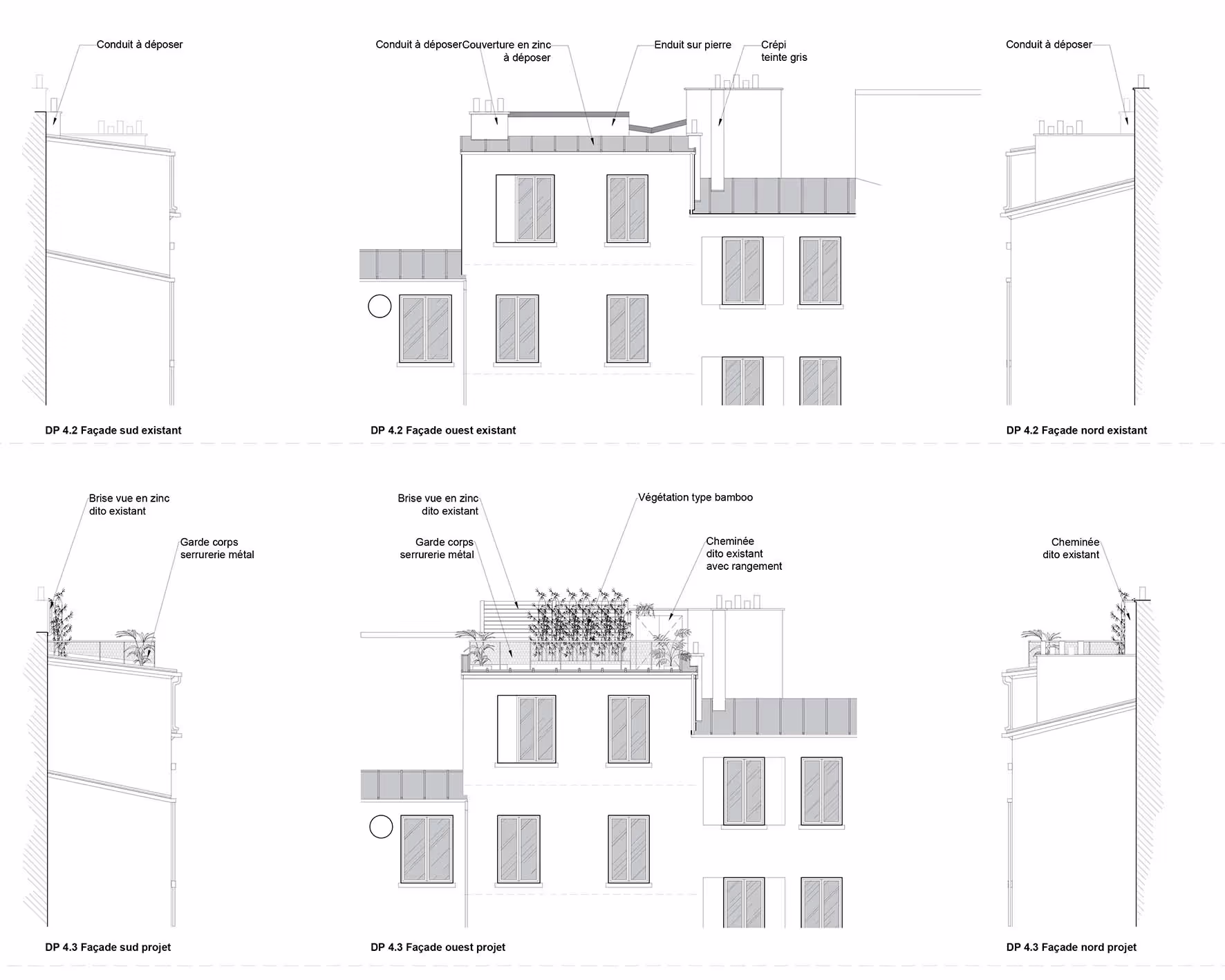 Plans et élévations détaillant l’existant et le projet proposé pour les façades de l’immeuble, projet Terrasse FDC par SINA Architecture.