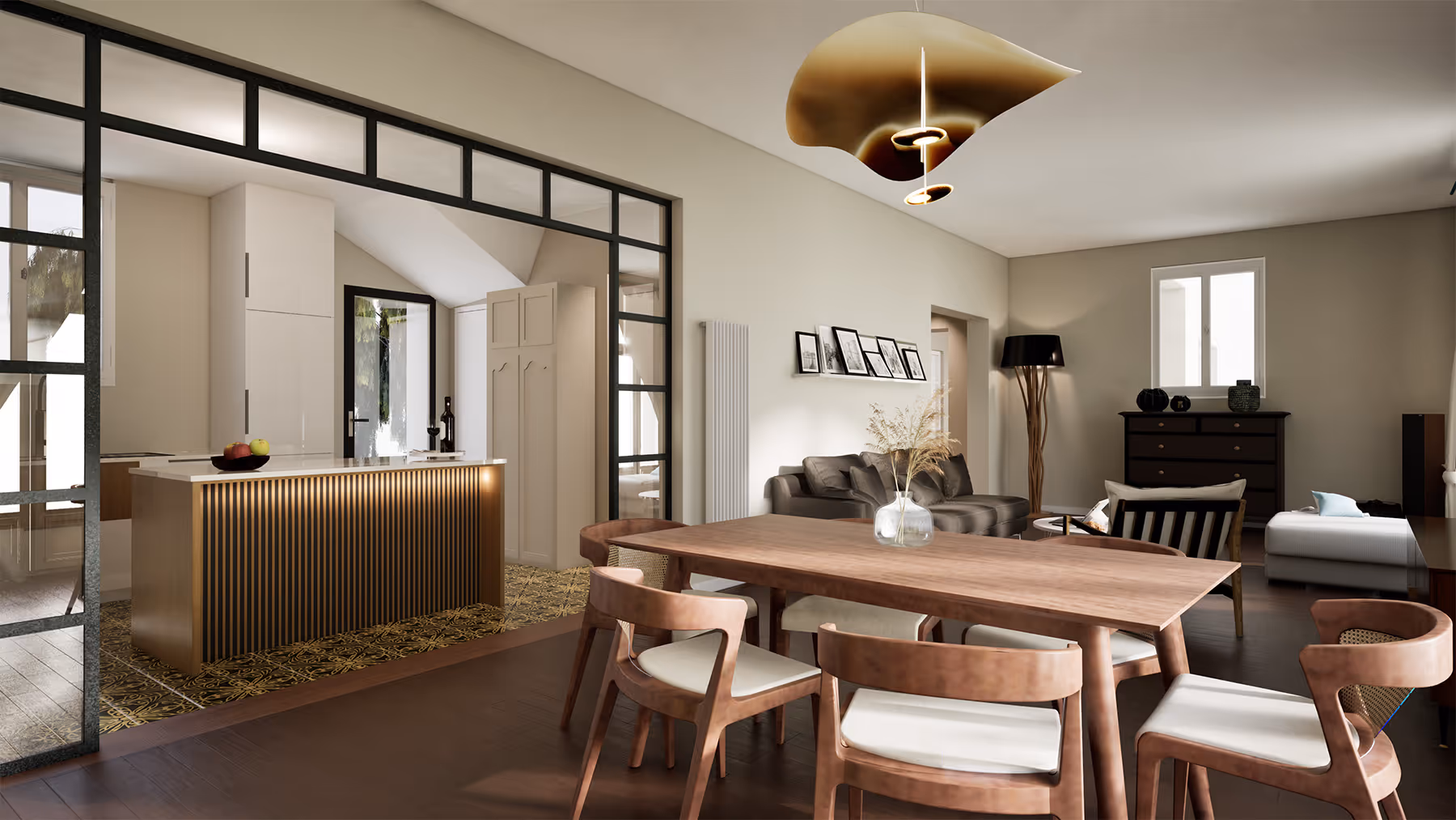 Rendu 3D de la salle à manger avec vue sur la cuisine vitrée et le salon, Villa Carnot, SINA Architecture