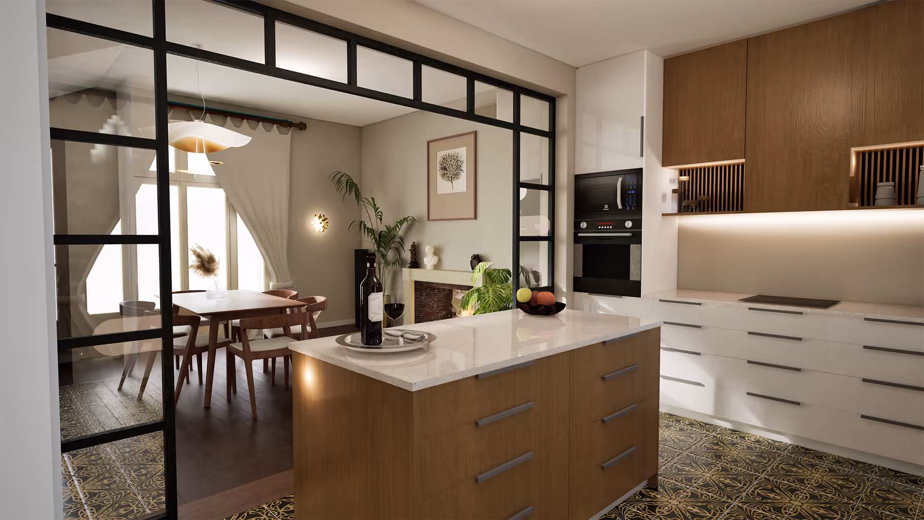 Rendu 3D de la cuisine avec îlot central et vue sur la salle à manger à travers la verrière, Villa Carnot, SINA Architecture