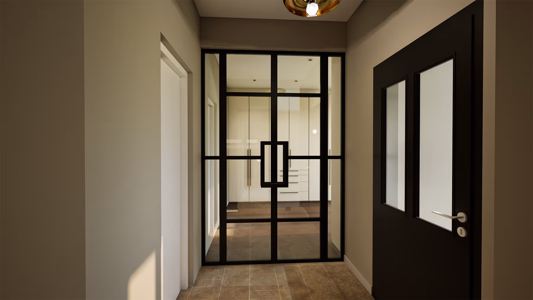 Rendu 3D du couloir avec porte vitrée à profil noir donnant sur le dressing, Villa Carnot, SINA Architecture