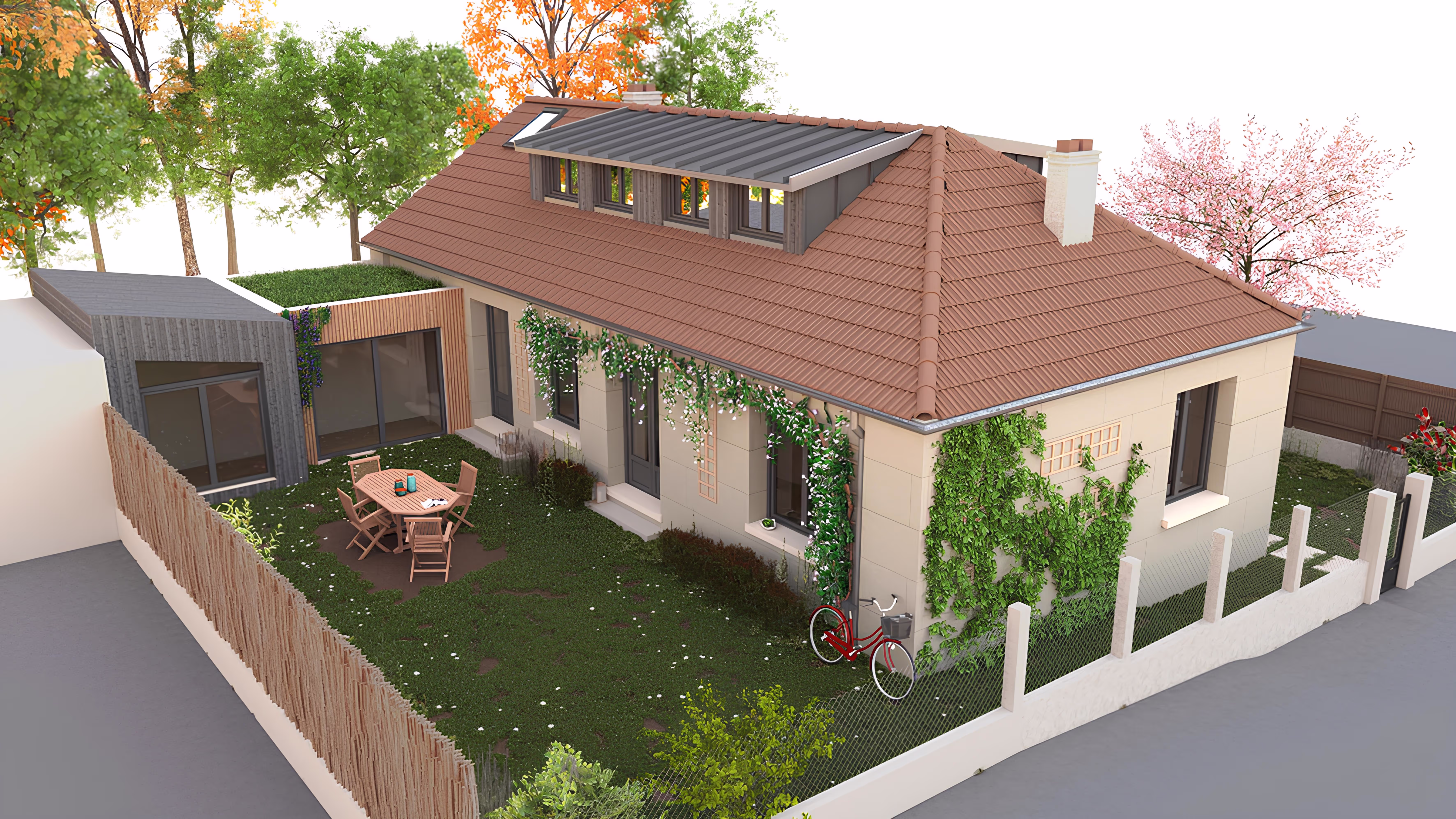 Vue aérienne avec extension végétalisée côté jardin, projet Villa du Bassin par SINA Architecture.
