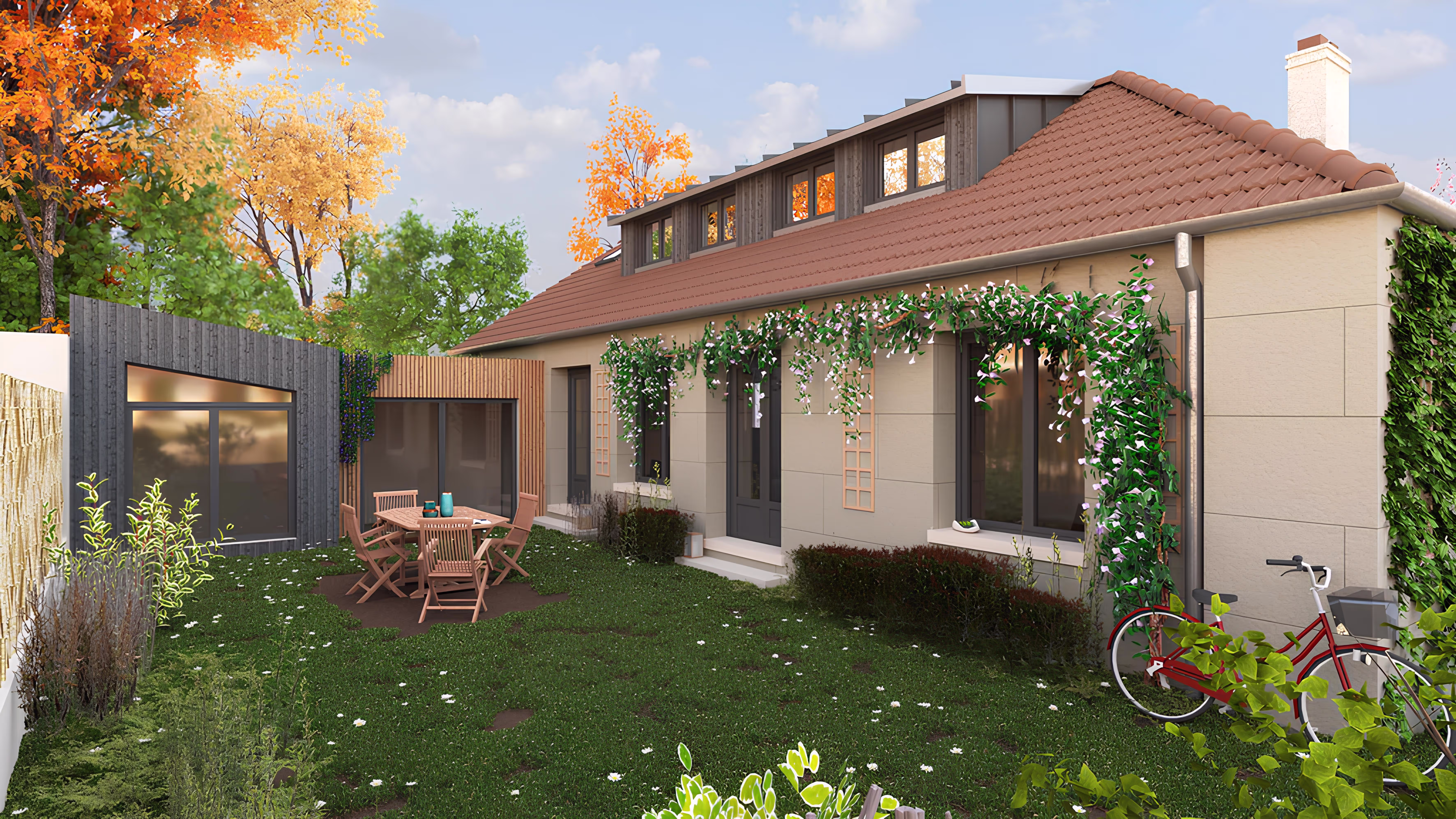 Vue depuis le jardin avec extension contemporaine, projet Villa du Bassin par SINA Architecture.