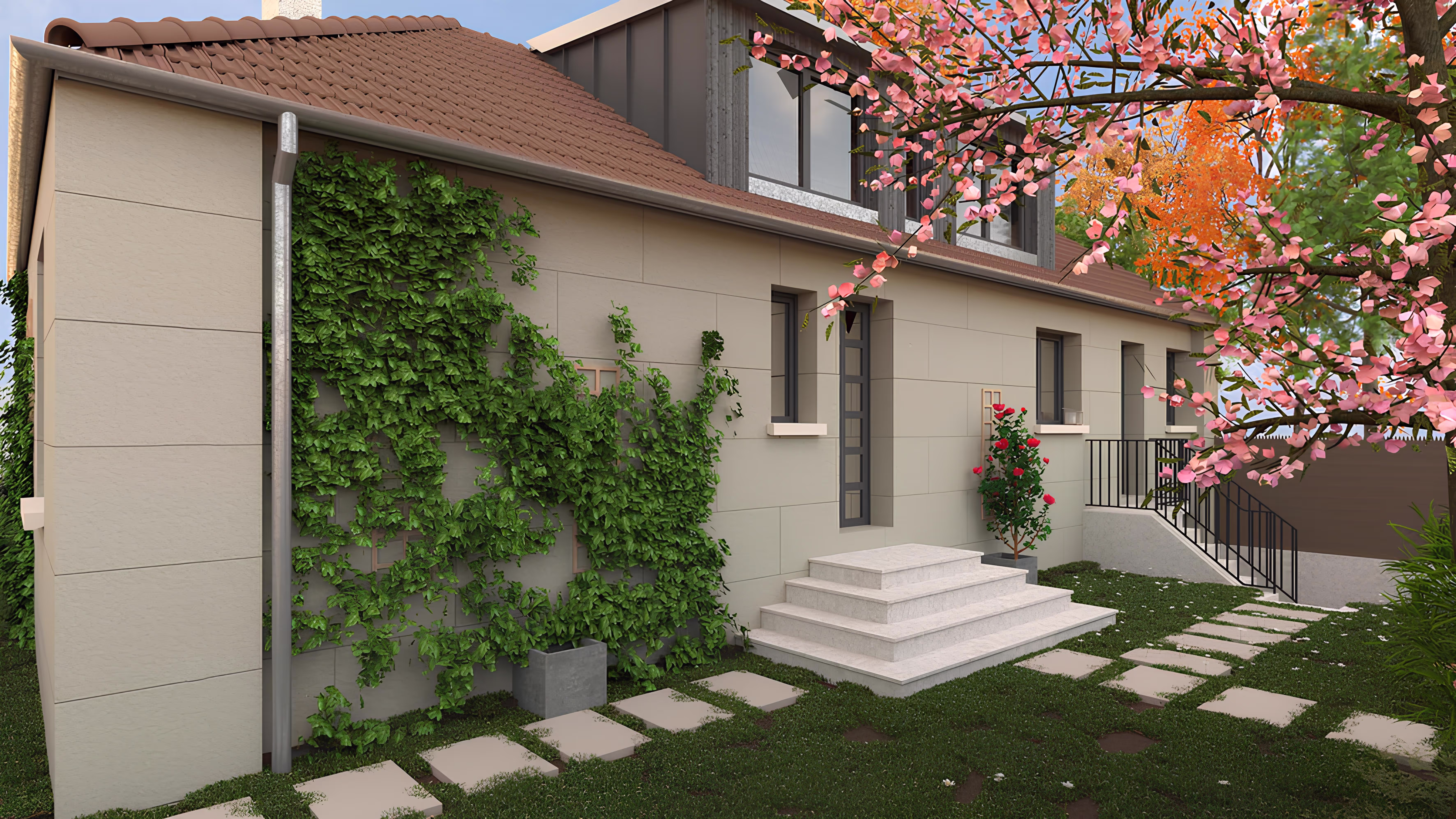 Vue latérale avec végétation sur façade, projet Villa du Bassin par SINA Architecture.