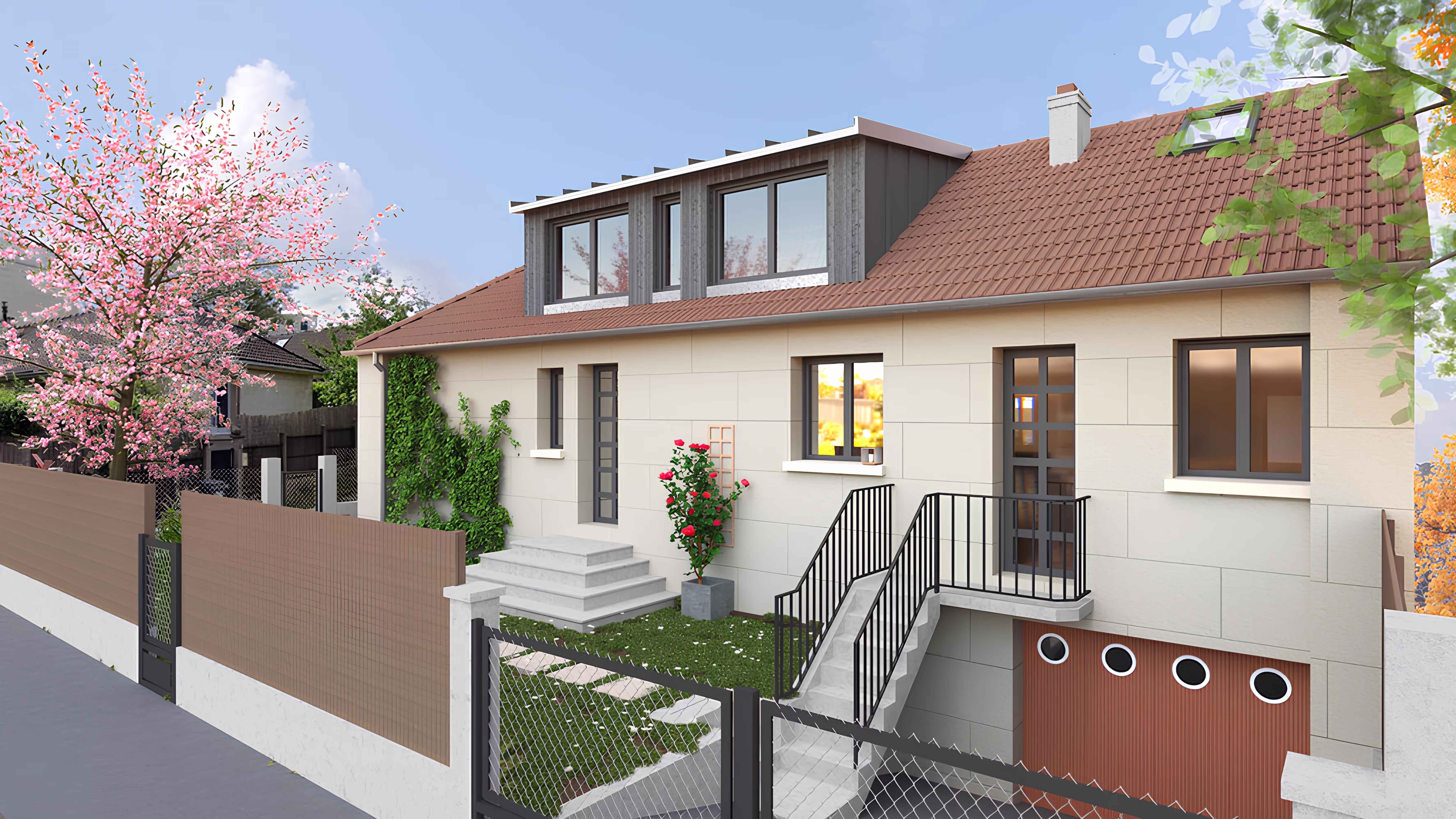 Vue extérieure depuis la rue avec surélévation et isolation extérieure, projet Villa du Bassin par SINA Architecture.